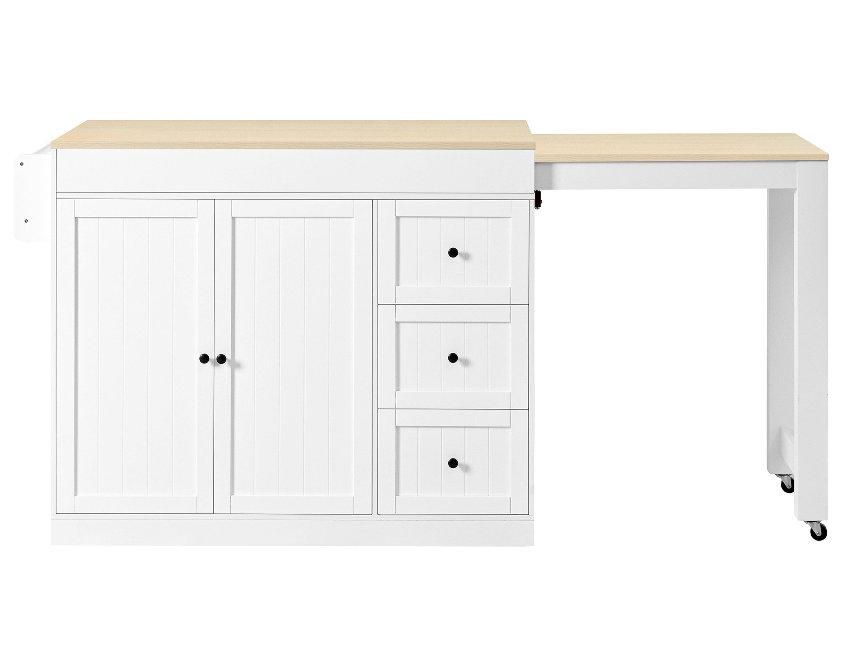 SeedWave Kücheninsel Freistehende, 112-186cm Ausziehbarer Tischplatte mit Rollen, Stauraum, verstellbare Staufächer, 3 Schubladen