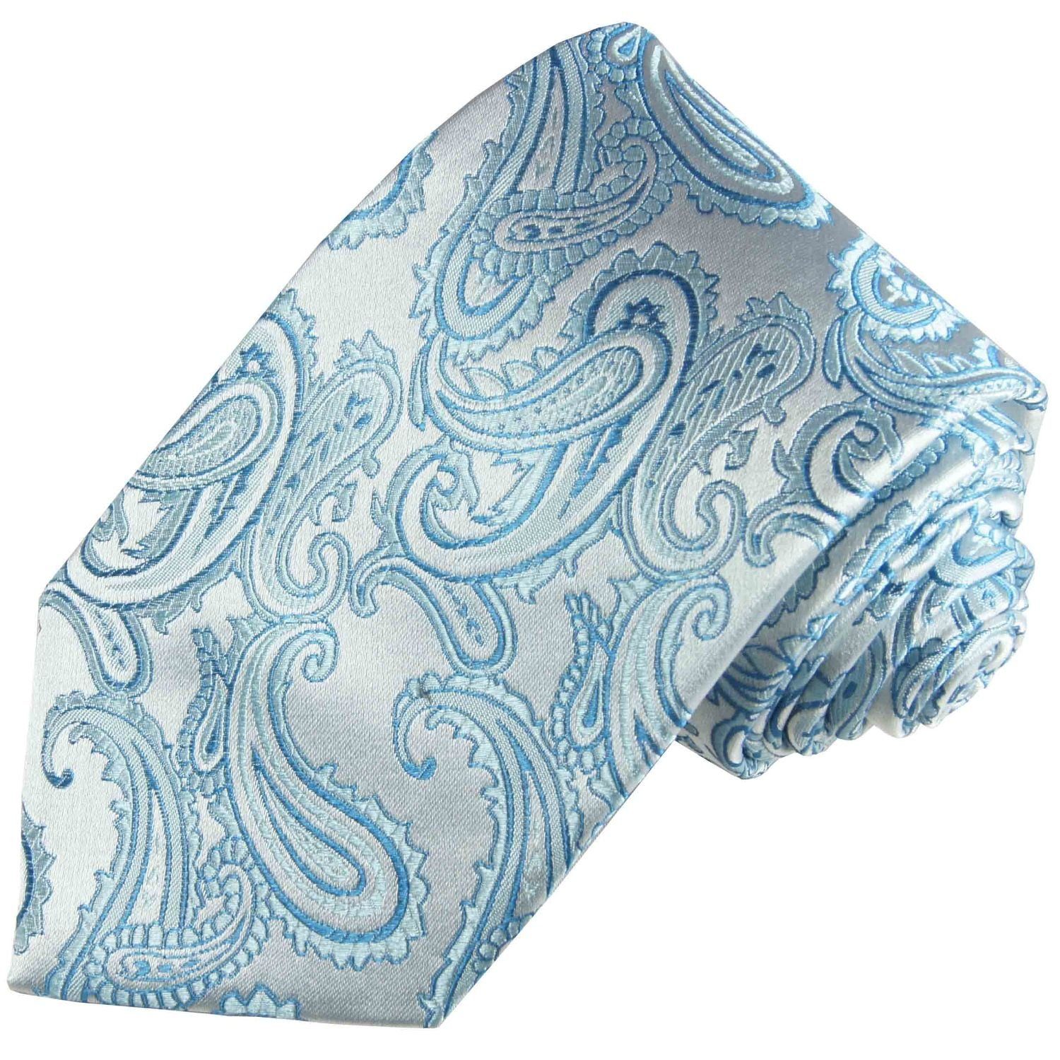 (Set, (8cm), Seidenkrawatte Breit Tuch Krawatte mit hellblau paisley silber 2-St., Krawatte 100% mit Herren brokat Seide Paul Malone 399 Einstecktuch) modern