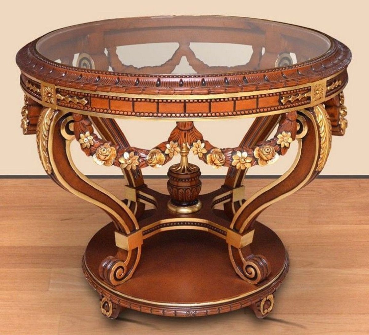 Konferenztisch Tisch Padrino - - Massivholz Beistelltisch Barock Barock Casa Gold Büro Möbel Edel / Büro Runder Prunkvoll - Braun Glasplatte & mit