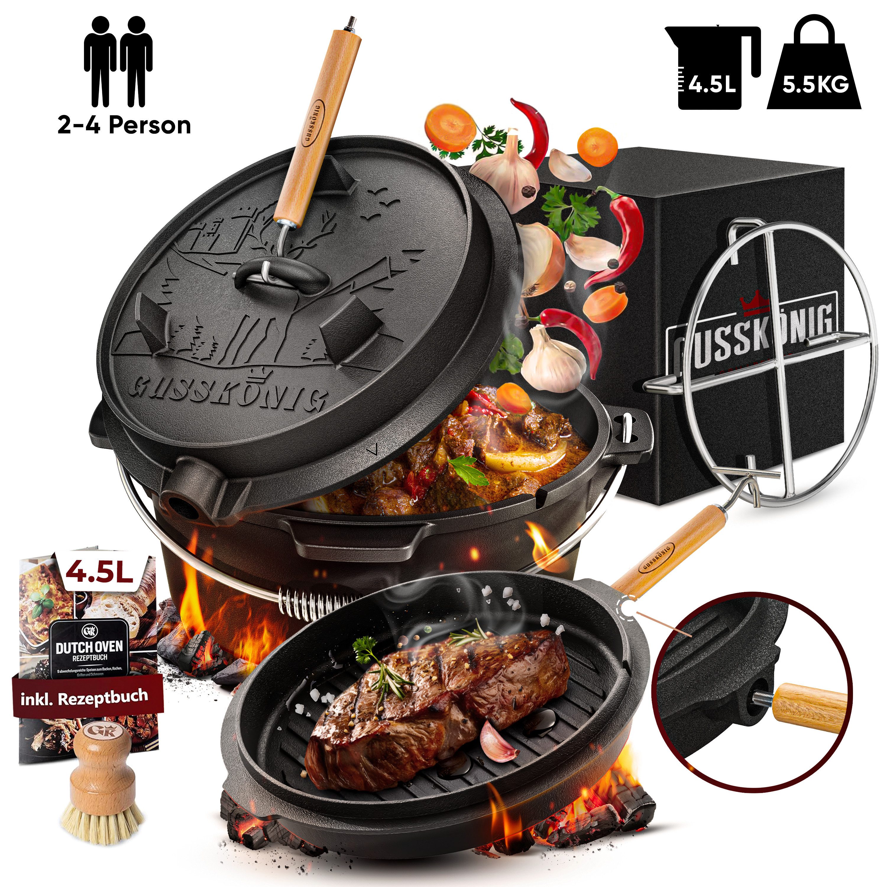 GUSSKÖNIG Grilltopf GUSSKÖNIG Dutch Oven Set 4,5 Liter 2in1 Deckelheber Bürste Rezeptbuch