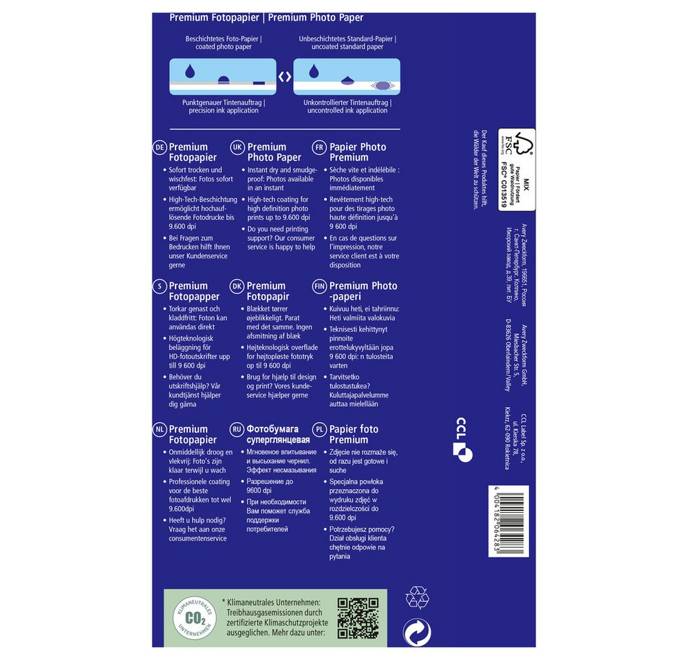 Thumbnail - Avery Zweckform Fotopapier Avery-Zweckform Premium C2550-20 Fotopapier 10 x 15 cm 250 g/m² 20 Bla