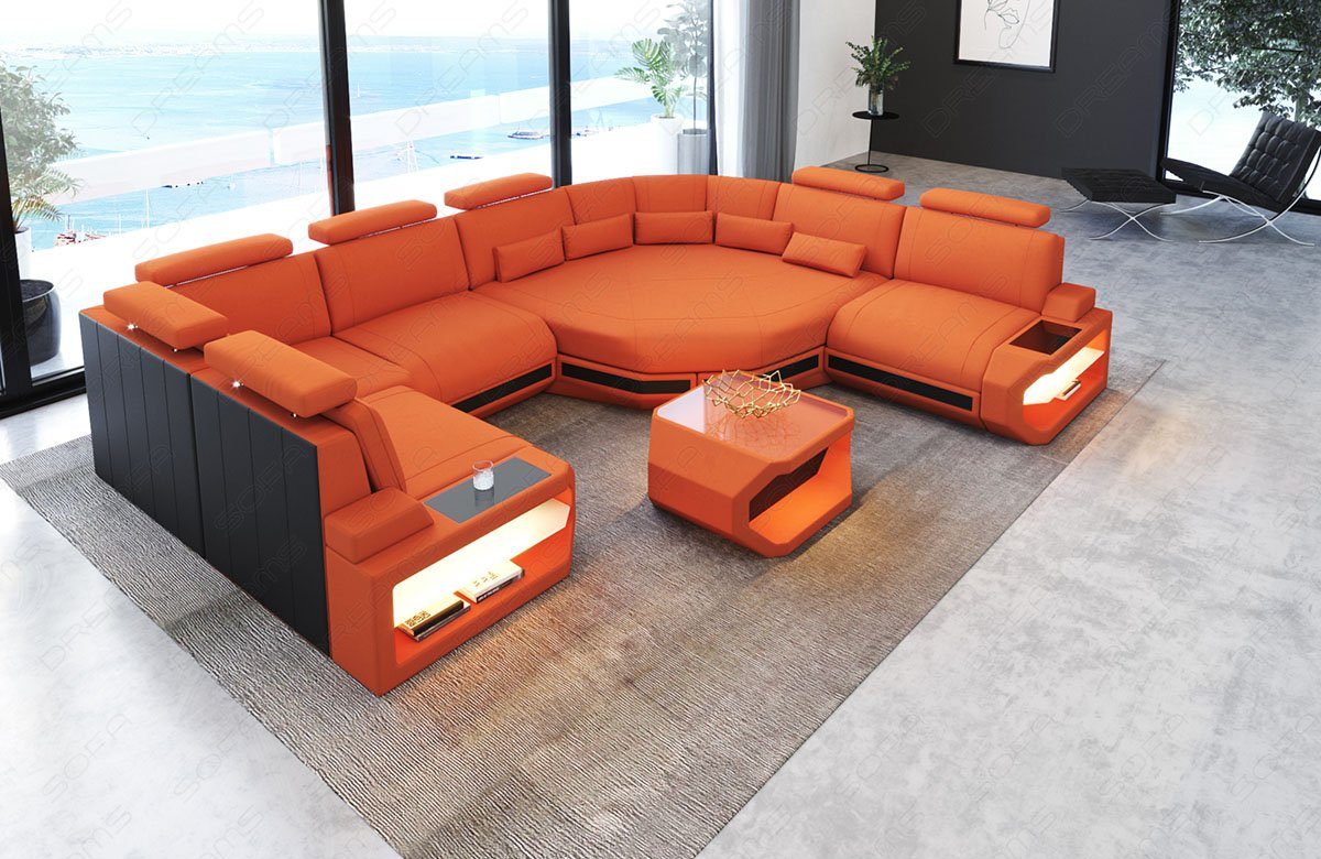 Sofa Dreams Couch Mini Stoff Stoffsofa LED, U Asti USB Polster mit, C94 Wohnlandschaft Sofa Orange-Schwarz
