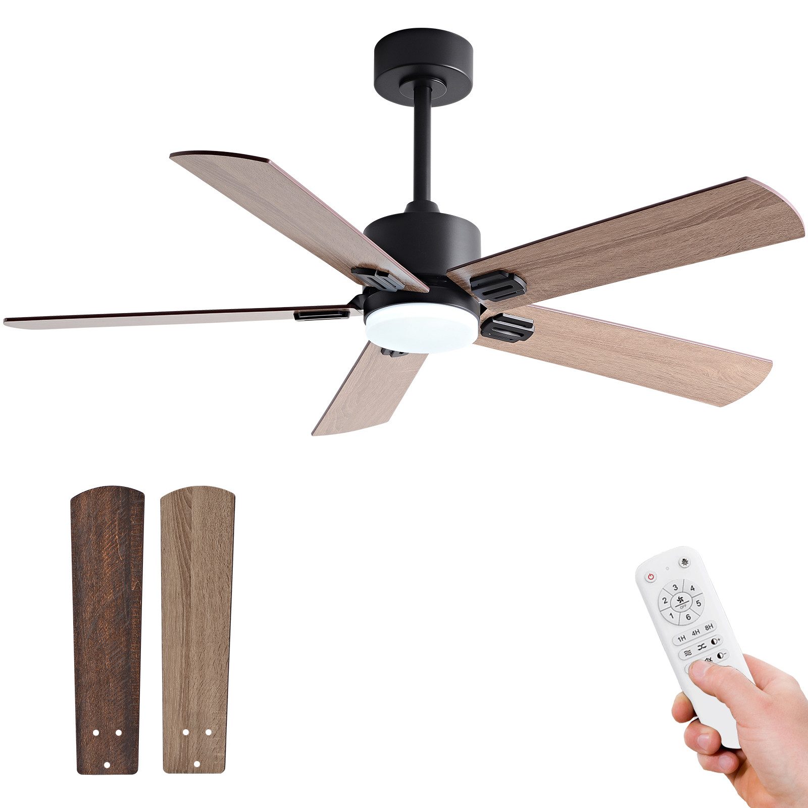 Rolipo Deckenventilator LED-Licht 3 Farben/Fernbedienung, Leiser DC-Motor Deckenventilator, 42 Zoll (Sommer/Winter), 6 Stufen, 2 Deckenstangen