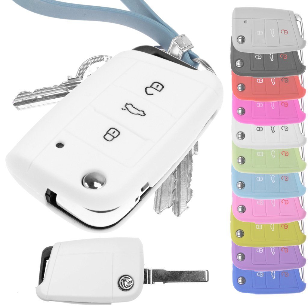 mt-key Schlüsseltasche Autoschlüssel Softcase Silikon Schutzhülle Weiß, für Golf 7 Polo 6C Seat Ateca Arona Leon Skoda Octavia Superb Kodiaq