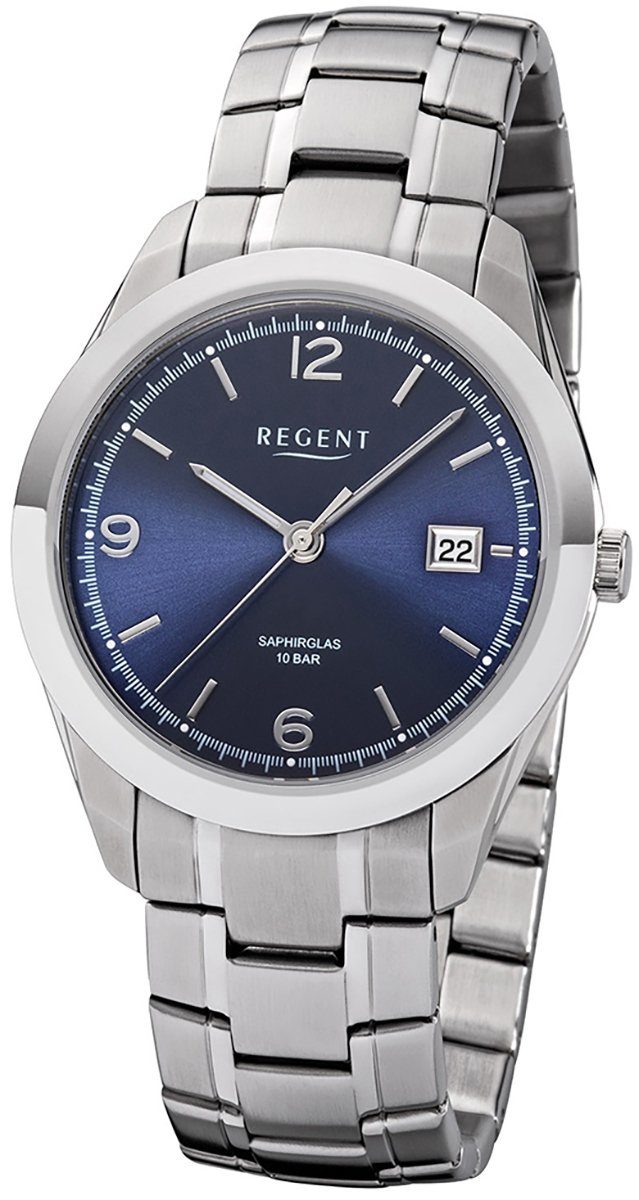 Regent Quarzuhr Regent Herren Uhr F-1193 Metall Quarz, Herren Armbanduhr  rund, Metallarmband silber