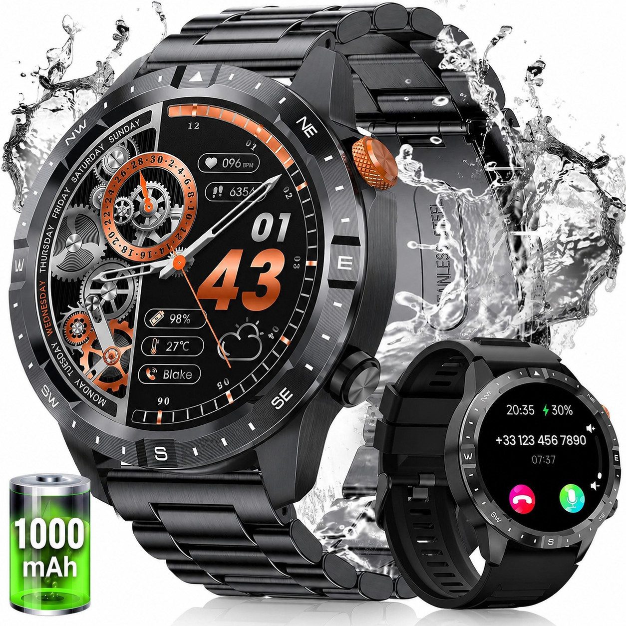 SWGOTA 2026 Smartwatch Herren Militär mit Herzfrequenz,HRV,SpO2,Schlafmonitor Smartwatch (3.63 cm/1,43 Zoll) AMOLED Fitness Tracker mit 1000mAh,70+ Sportmodi,IP68 Fitnessuhr