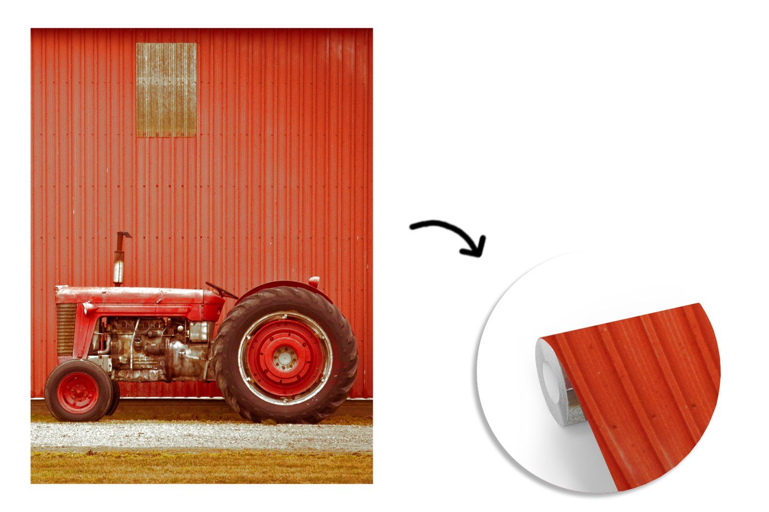 Scheune Rot St), Wandtapete (4 MuchoWow - Tapete Traktor Vinyl bedruckt, Bauernhof, - Matt, - Montagefertig Fototapete für Wohnzimmer,