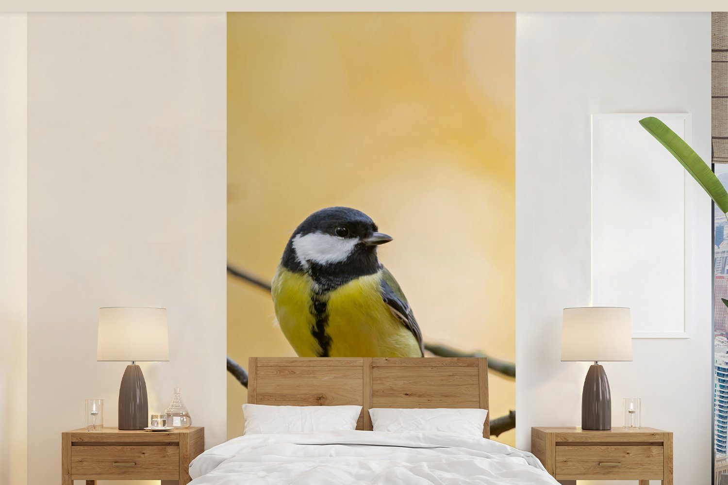 MuchoWow Fototapete Kohlmeise - Zweig - Vogel - Tiere, Matt, bedruckt, (2 St), Vliestapete für Wohnzimmer Schlafzimmer Küche, Fototapete