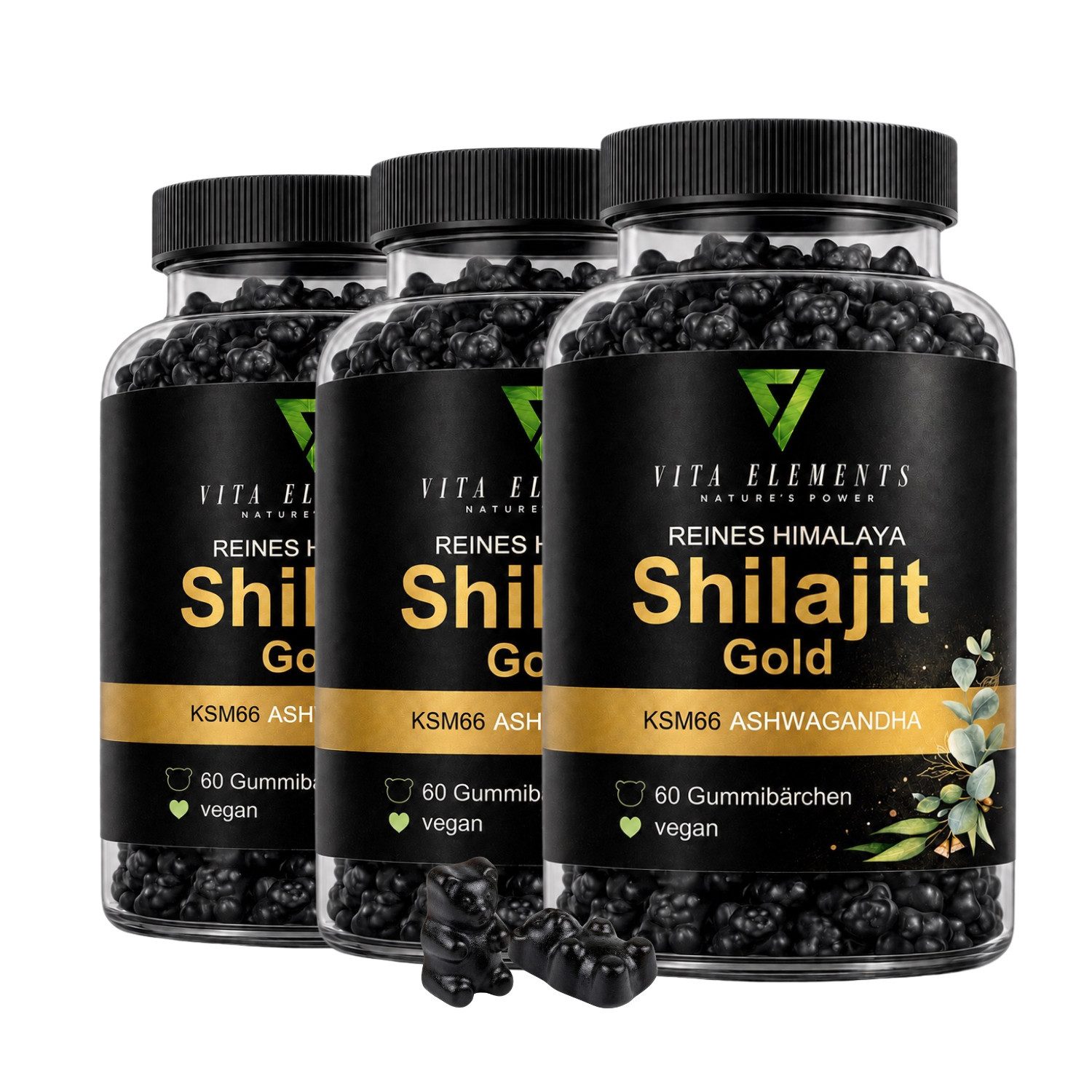 Vita Elements Himalaya Shilajit Gold Gummies - Ashwagandha, Ingwer & Ginseng, 180 Gummibärchen, 3 er Spar-Set à 60 St., Vegan, Gentechnikfrei, Ohne unnötige Zusätze und Laborgeprüft