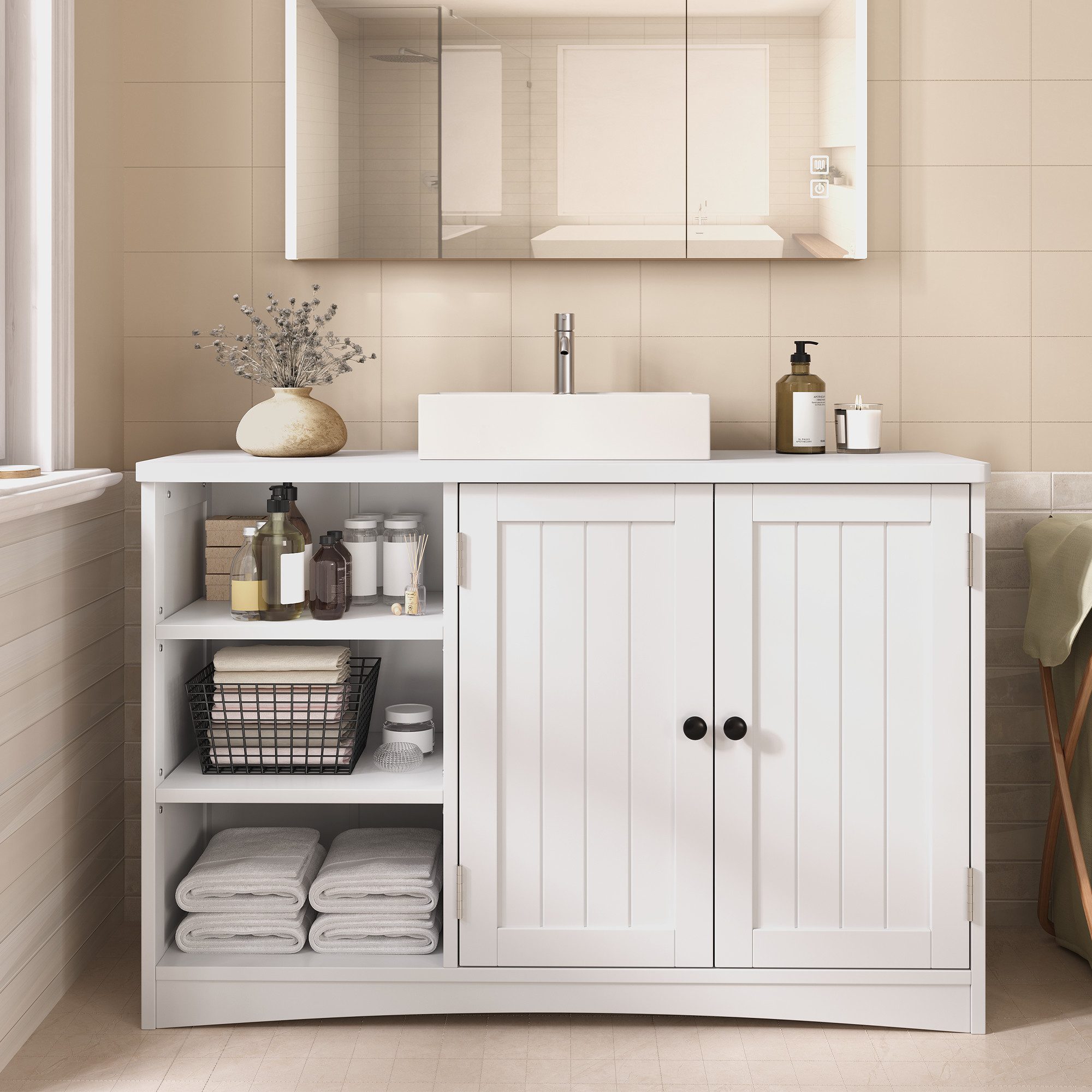 Blishom Waschbeckenunterschrank Waschbeckenunterschrank mit Siphonausschnitt, verstellbarem Boden Waschbeckenunterschrank, Unterschrank, Badmöbel, Badezimmer‑Schrank
