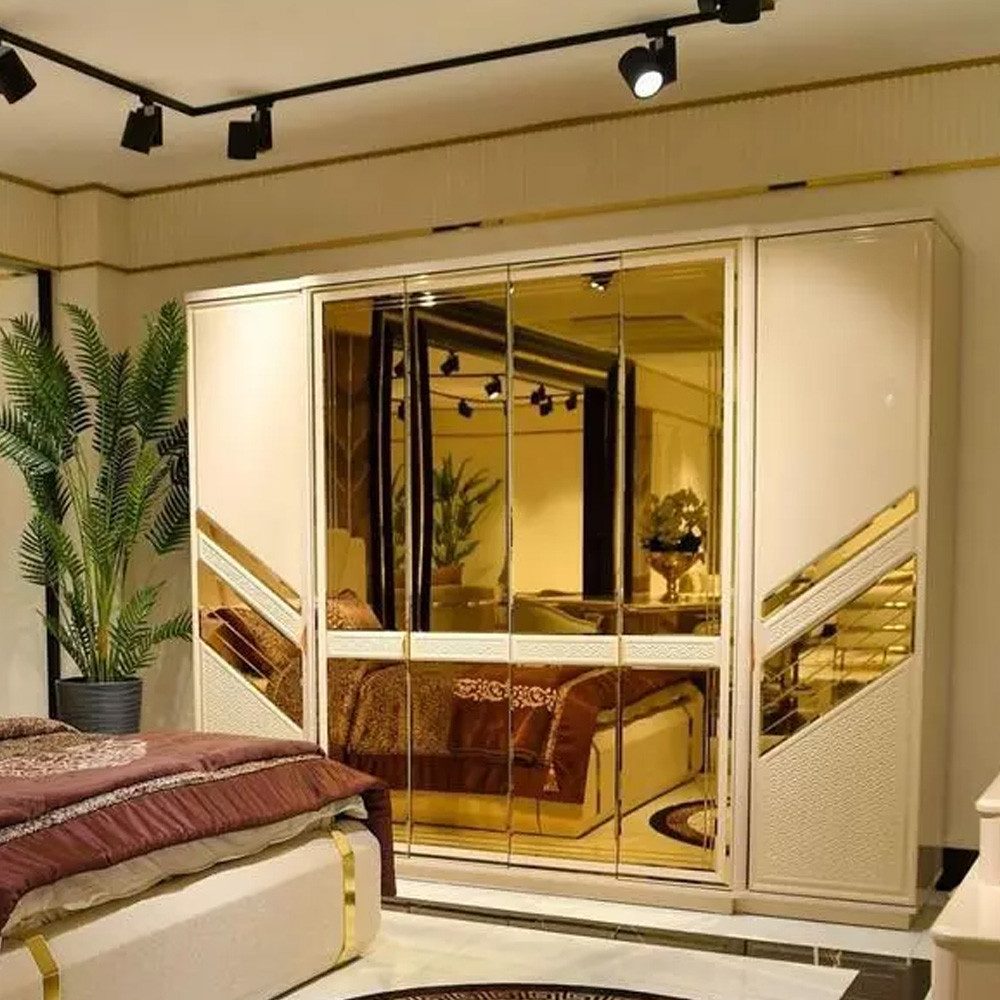 Kleiderschrank Schrank mit Spiegeltür für Kleidung Beige Gold Schlafzimmer