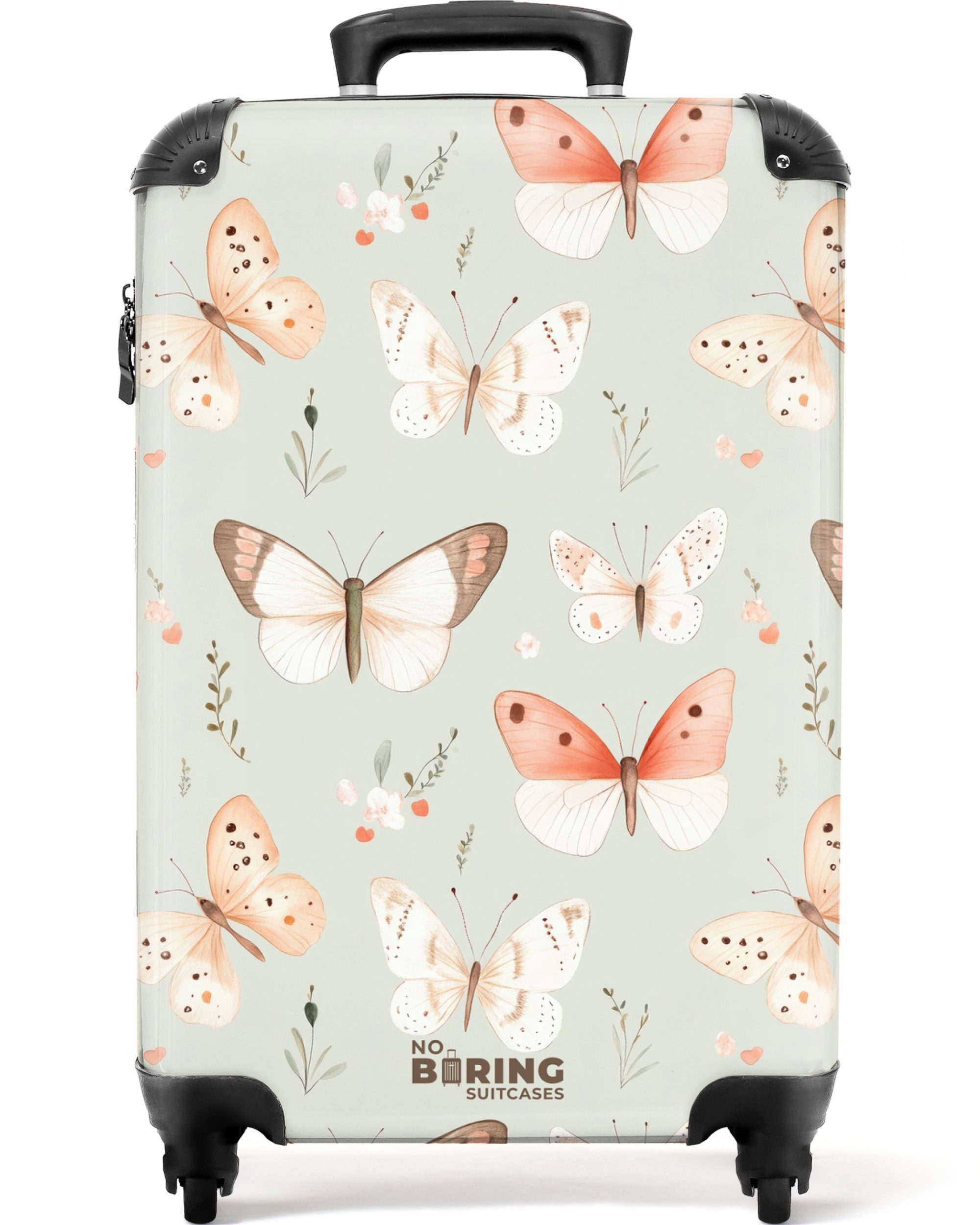 NoBoringSuitcases.com© Kinderkoffer Schmetterlingsmuster in sanften Orange- und Rottönen 55x35x20cm, 4 Rollen, Handgepäck-Koffer, Kinderkoffer, Reisekoffer Mädchen