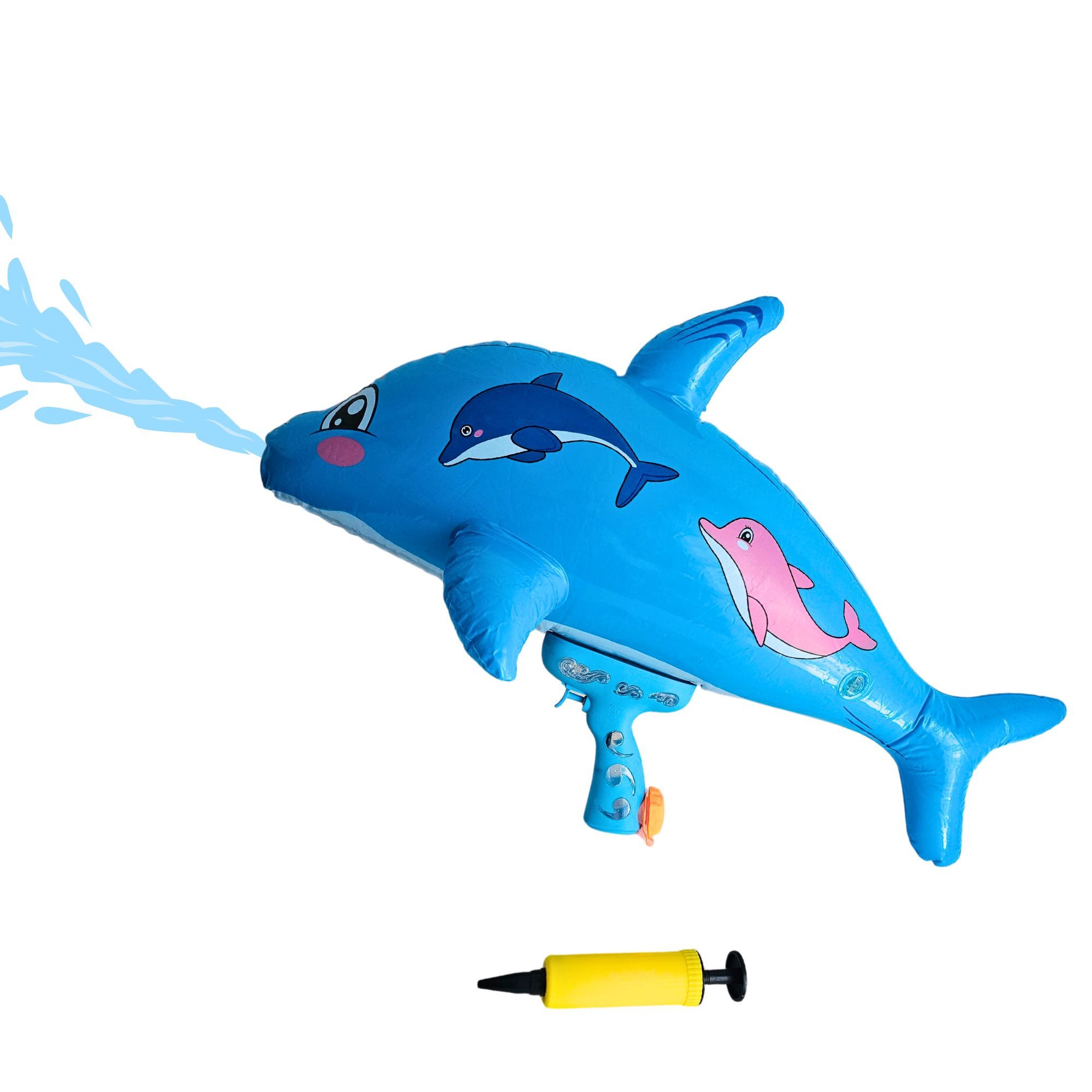 alldoro Wasserpistole Delfin 72 cm groß, aufblasbare Wasserspritze für Kinder ab 3 Jahren, Aufblasbares Wasserspritztier inkl. Luftpumpe, für Garten & Pool