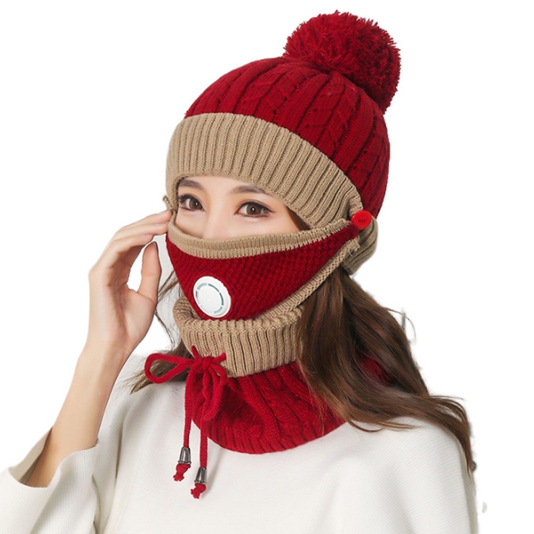 YANN Strickmütze Warme Fleece-Strick-Maskenmütze für Damen Rotwein