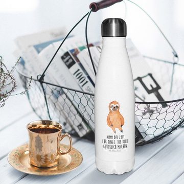 Mr. & Mrs. Panda Thermoflasche Faultier Zufrieden - Weiß - Geschenk, Isolierflasche, Thermos, Ruhe, Motivierende Sprüche