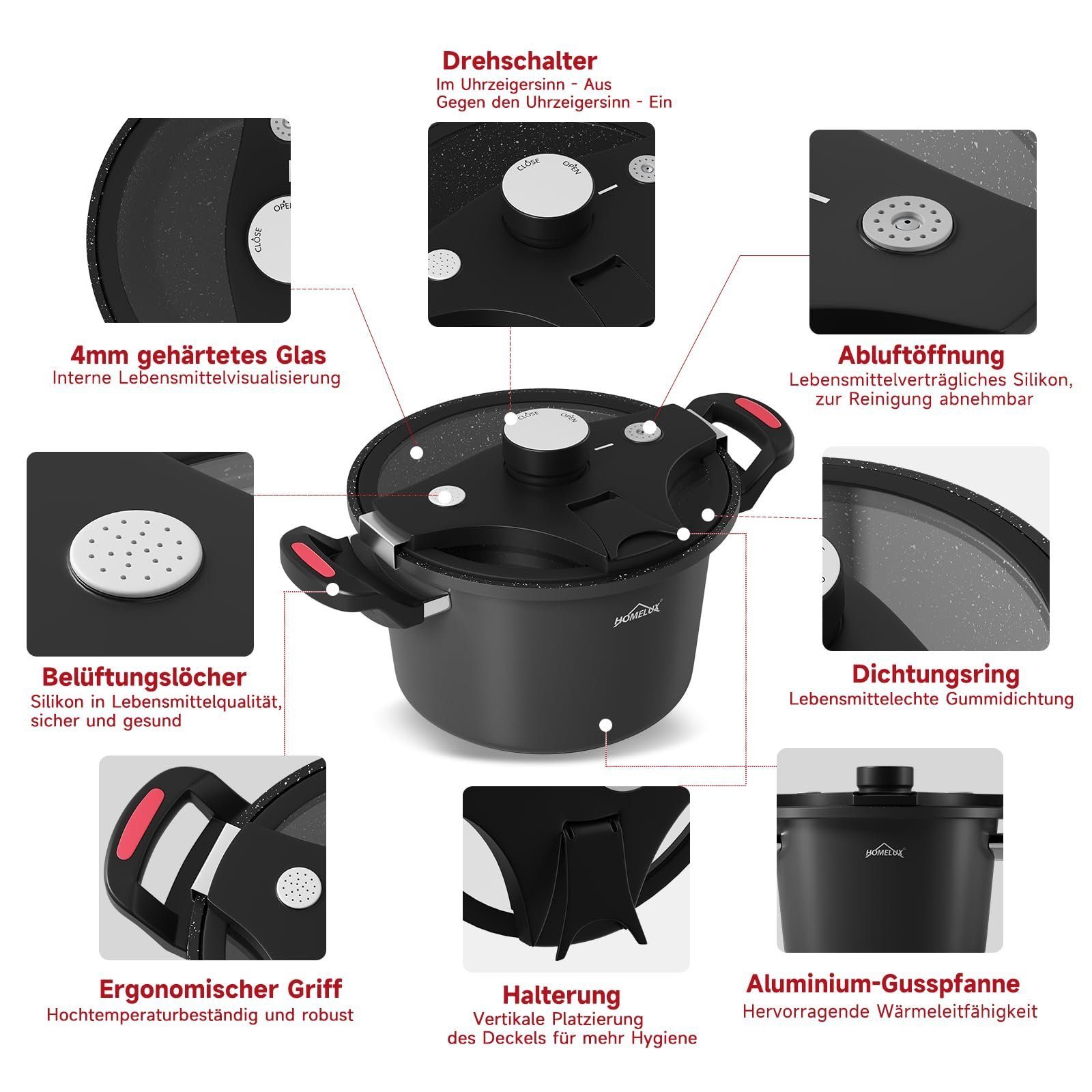 Тенджера под налягане HOMELUX Енергоспестяваща тенджера &Oslash; 24 см тенджера с ниско налягане 5.5L тенджера, алуминиева (подходяща за всички видове печки, енергийно ефективна и бърза), подходяща за индукция