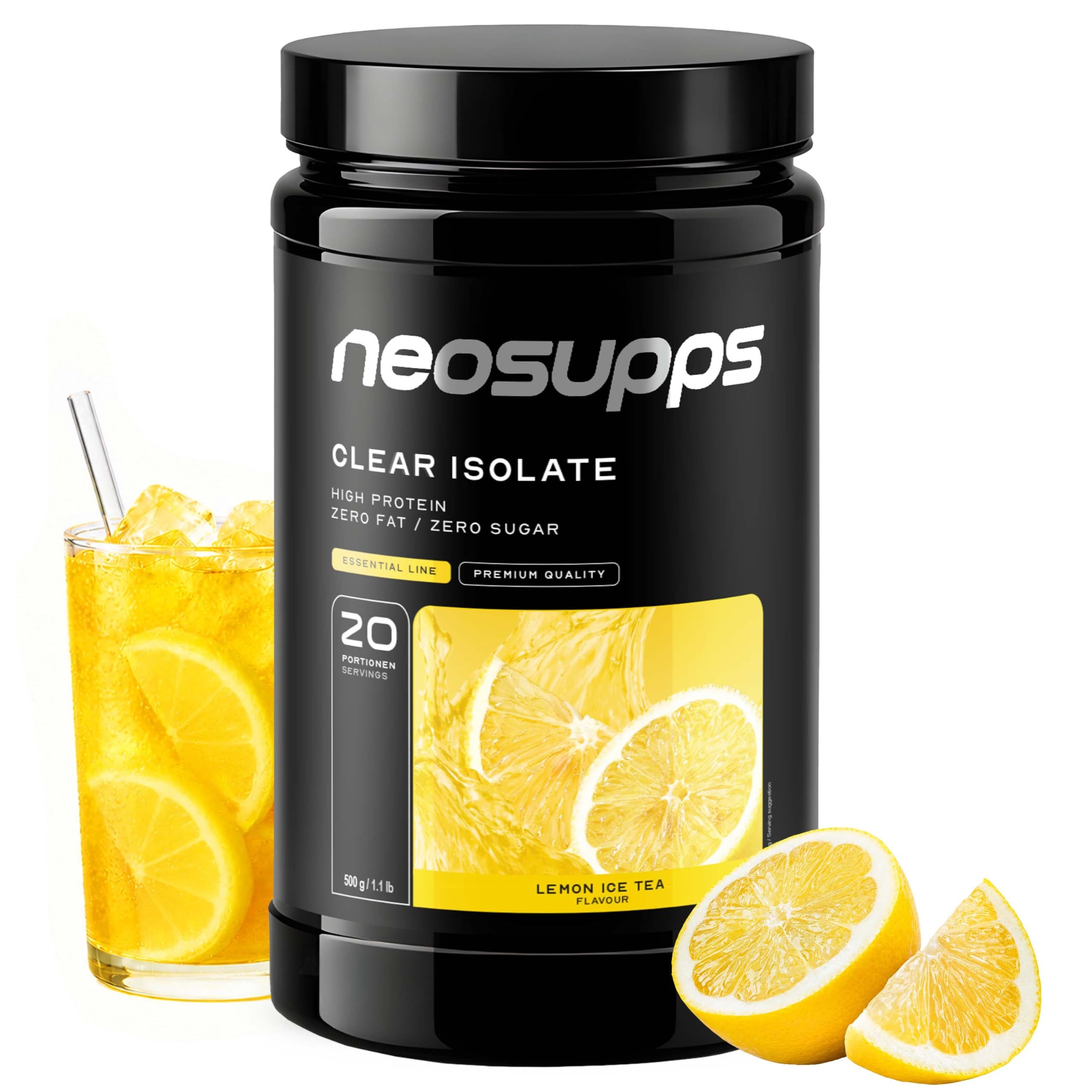 Neosupps Clear Whey Isolat Protein Pulver 500g, Lemon Ice Tea Geschmack Pulver, 500 g, Made in Germany, Hochwertiger Molkenprotein Isolat