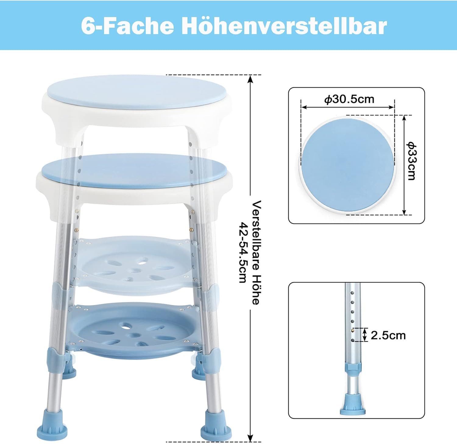 FIVMEN Duschstuhl Duschhocker mit Tablett 42-54 cm Höhenverstellbar und 360° Drehbar, Badsitz Duschhilfe Anti-Rutsch Badsitz aus Alu und Kunststoff
