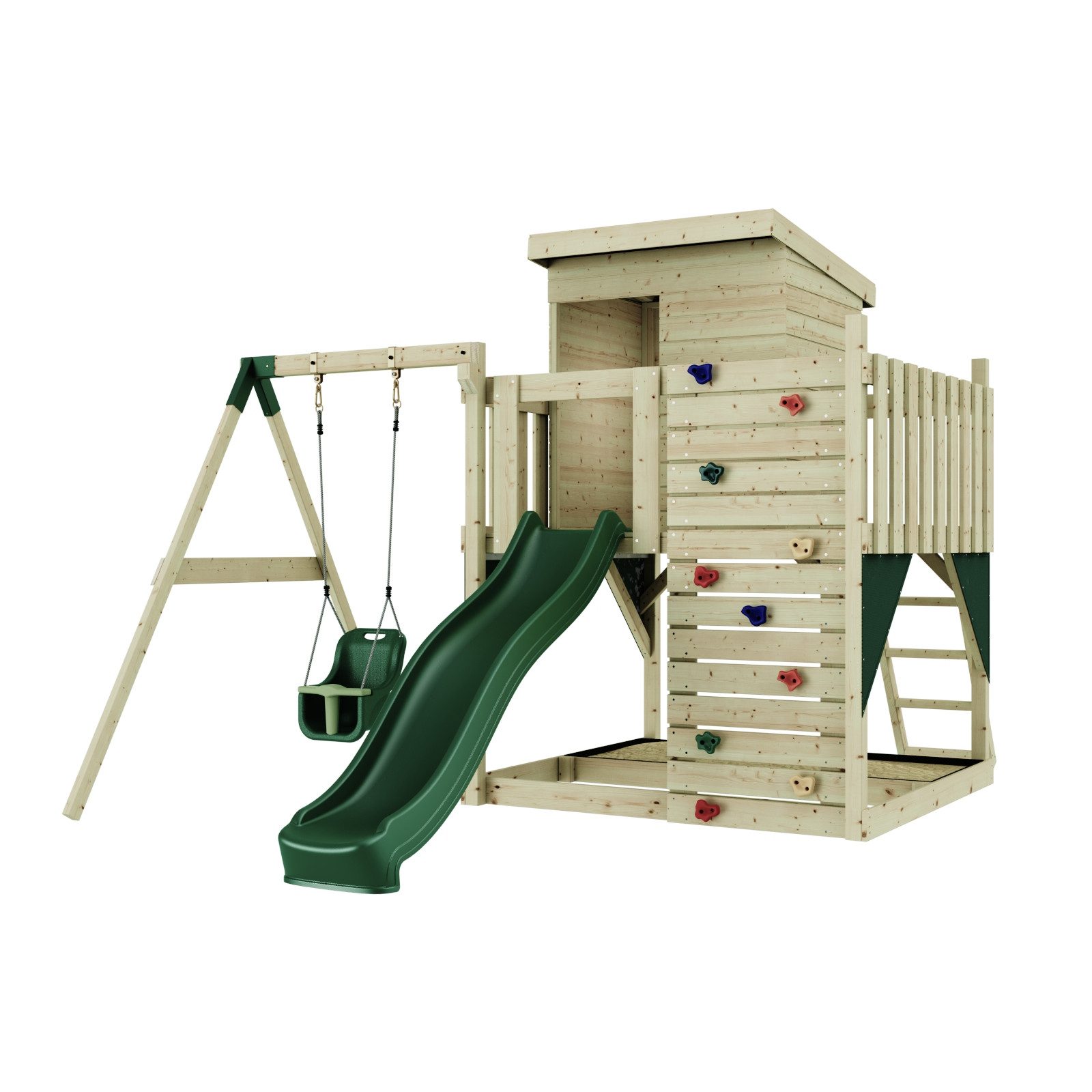 OutdoorToys Spielturm Alma aus Holz in Dunkelgrün mit Babyschaukel & Rutsche, Kletterwand, aus Holz in Dunkelgrün mit Babyschaukel & Rutsche, Kletterwand
