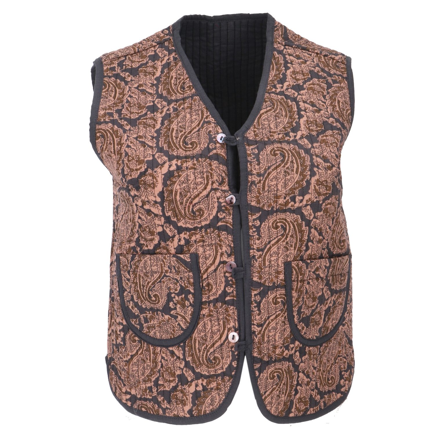 Guru-Shop Langjacke Steppweste, Blockdruck Boho Weste - braun alternative Bekleidung