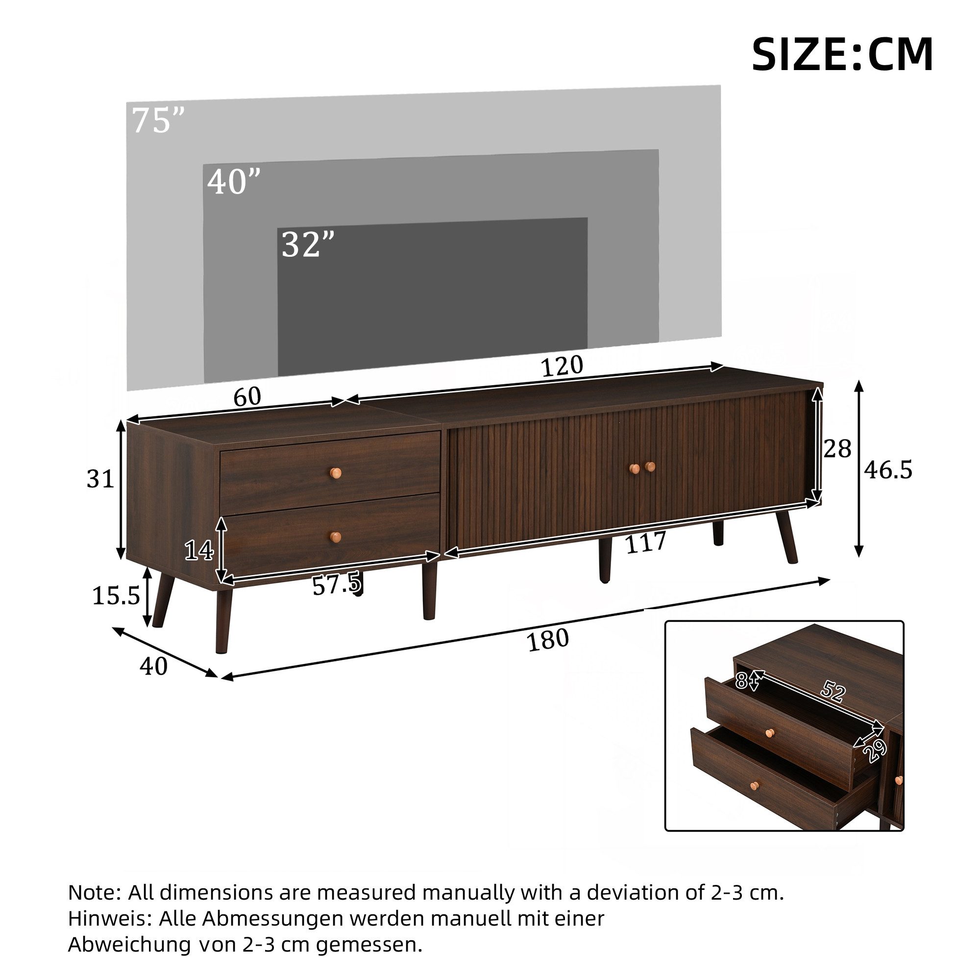 KLAM HOME Lowboard Walnuss TV Lowboard 180cm mit Rolltüren & 2 Schubladen (TV-Schrank 180×40×46,5cm für Fernseher bis 80 Zoll), Wohnzimmer TV-Ständer Walnusshol – Bild 3 von 5