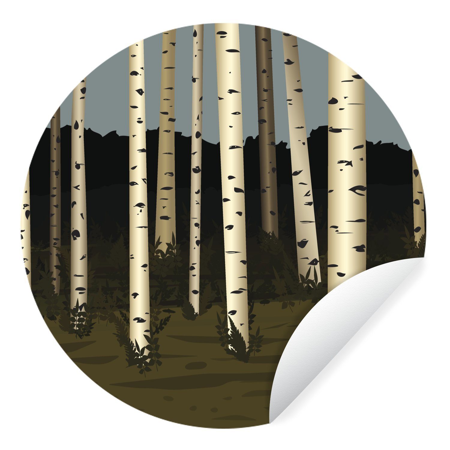 MuchoWow Wandsticker Eine Illustration eines Waldes mit Birken (1 St), Tapetenkreis für Kinderzimmer, Tapetenaufkleber, Rund, Wohnzimmer
