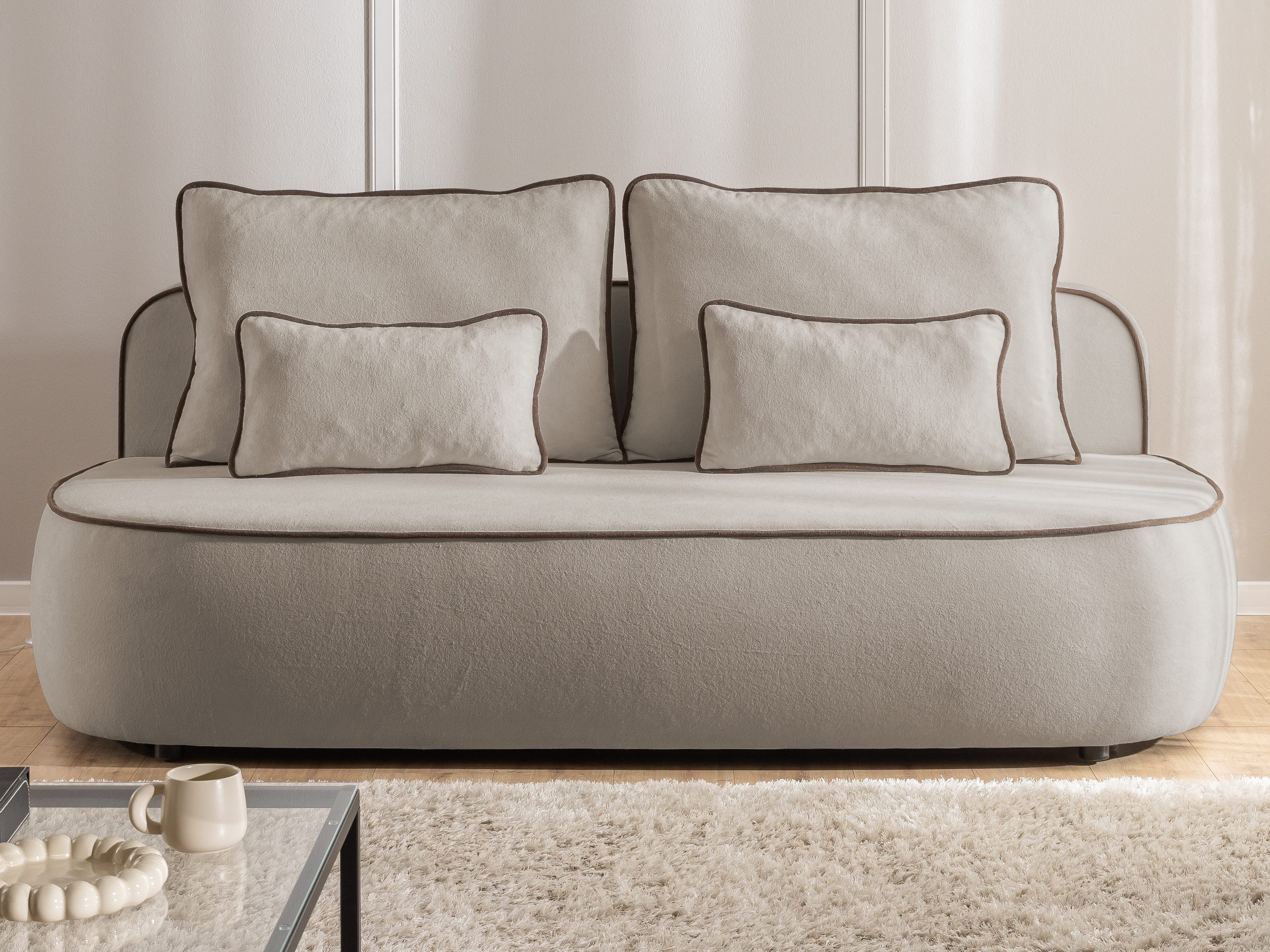 S-Style Möbel Schlafsofa Vero mit Bettkasten und Kontrastpaspel aus Plüschstoff, im modernen und abgerundeten Design