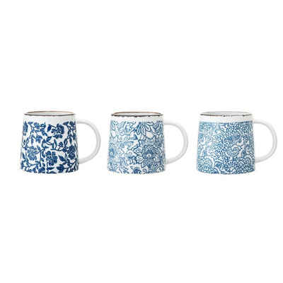 Bloomingville Tasse »Molly Mug, Blue, Stoneware«, Tassen 3er Set 400ml Keramik Kaffeetassen, Teetassen, Blumentasse, Landhausstil, blau