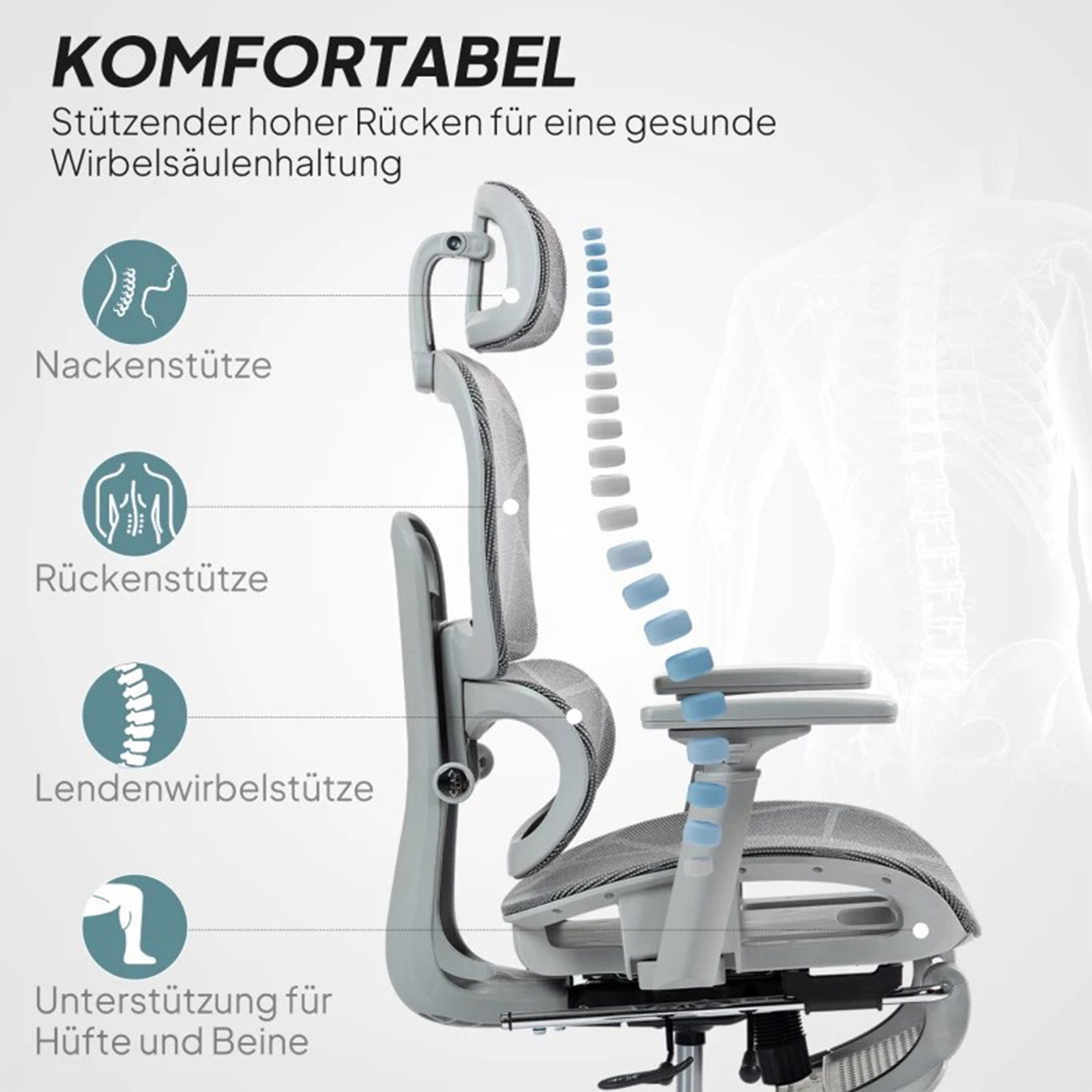 SeedWave Bürostuhl Ergonomisch mit Fußstütze, Verstellbarer Kopfstütze, 3D-Armelehnen, bis 120 kg, 135° Neigung der Rückenlehne, Adaptive Lordosenstütze