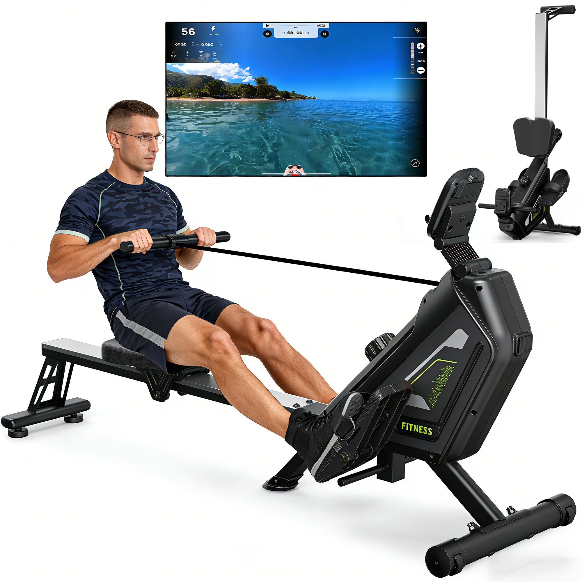 VOWVIT Rudermaschine magnetisch, 16 Widerstandsstufen, leiser Betrieb, App-kompatibel (1-tlg), bis 160 kg belastbar, vertikal platzsparend