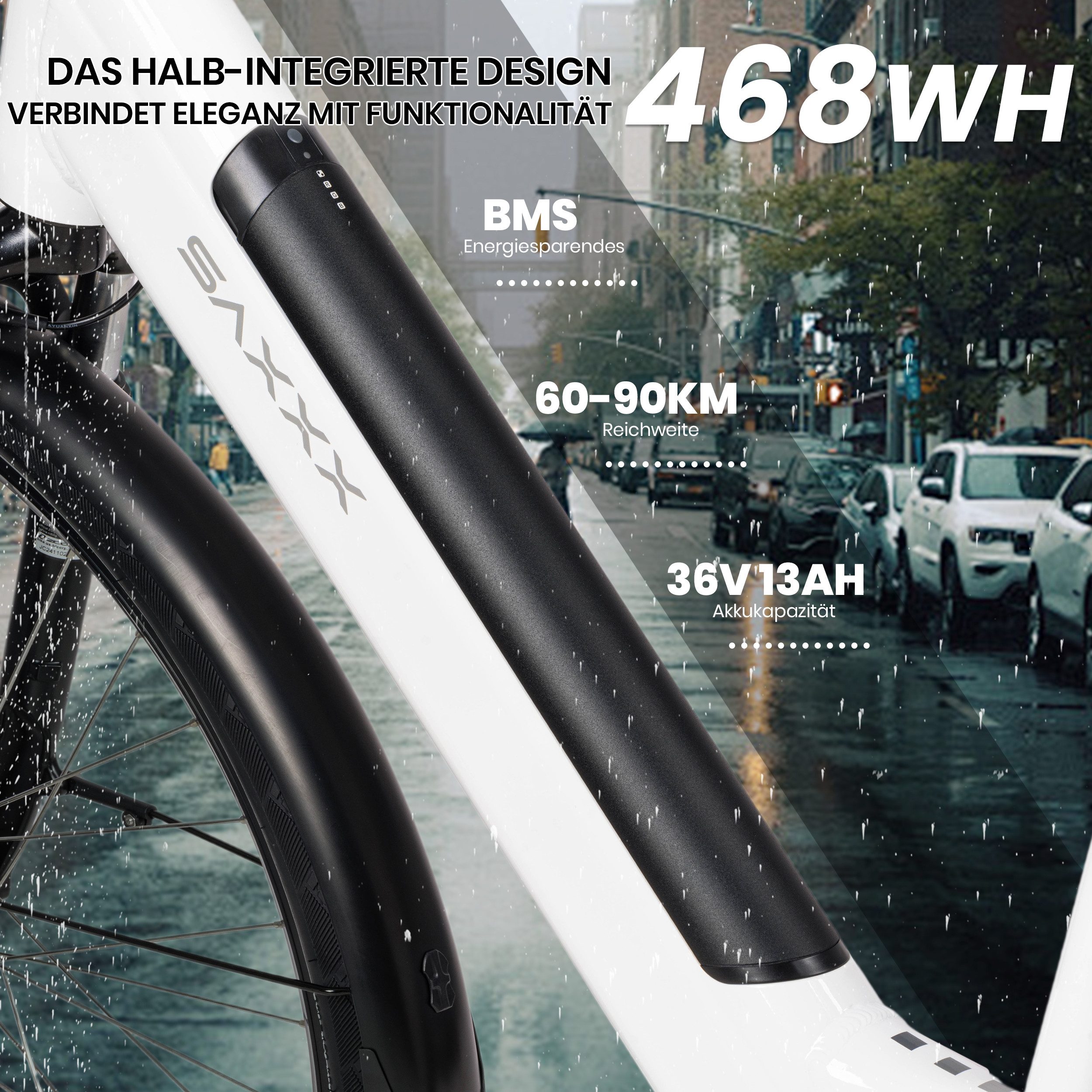 SAXXX E-Bike Cityrad 28 Zoll Damen/Herren, SAXXX CSE/SUV, 468Wh, 95 % vormontiert, 7 Gang SHIMANO Tourney Schaltwerk, Kettenschaltung, Hinterradmotor, 468 Wh, (mit Gepäckträger, abnehmbarer Akku, mit Tiefeinstieg), 250W Heckmotor, Elektrofahrrad mit Doppelscheibenbremse, Pedelec
