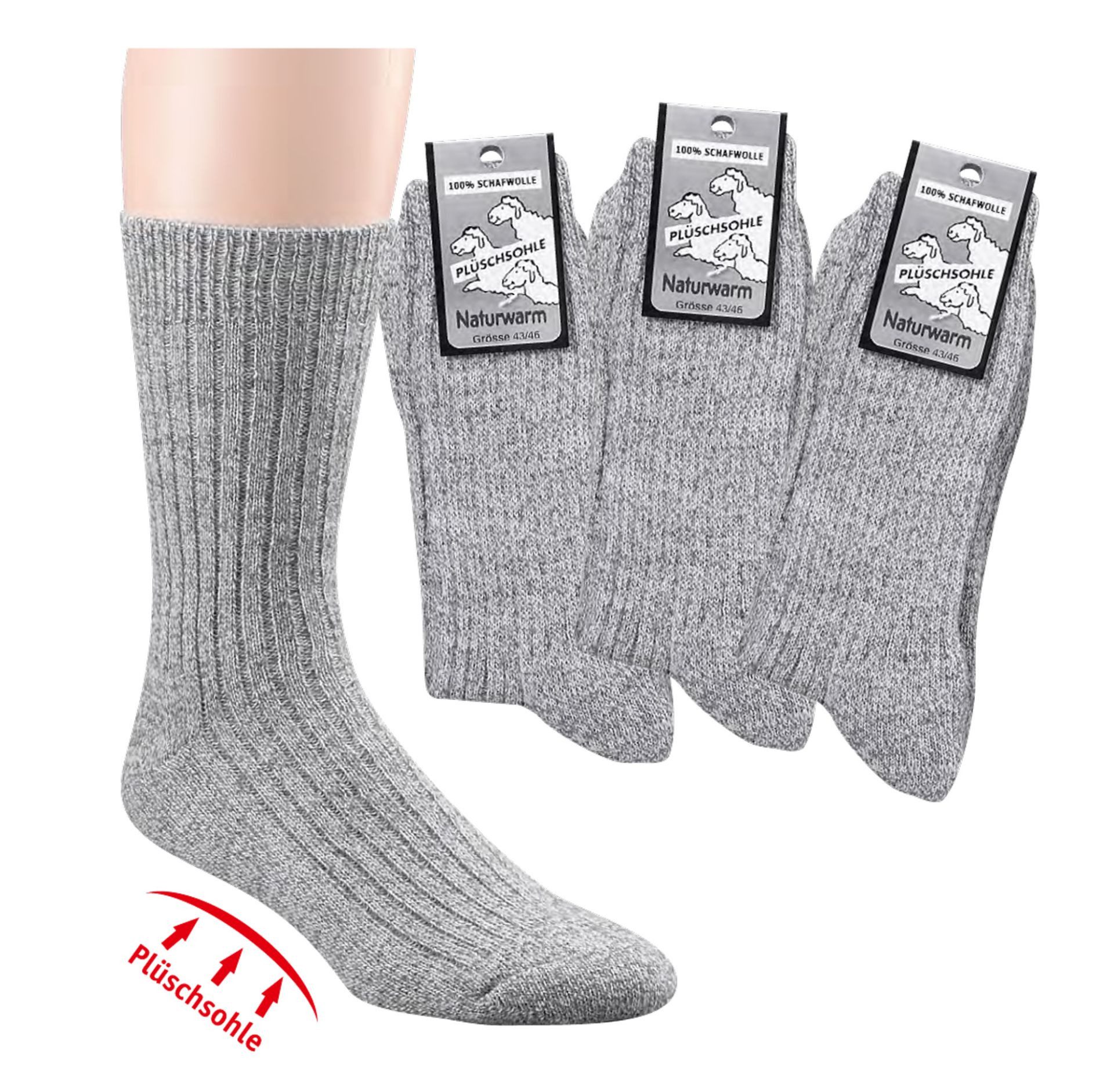 Wowerat Socken 3 Paar Wellness-Socken mit Plüschsohle 100% Wolle für Damen & Herren (3 Paar)