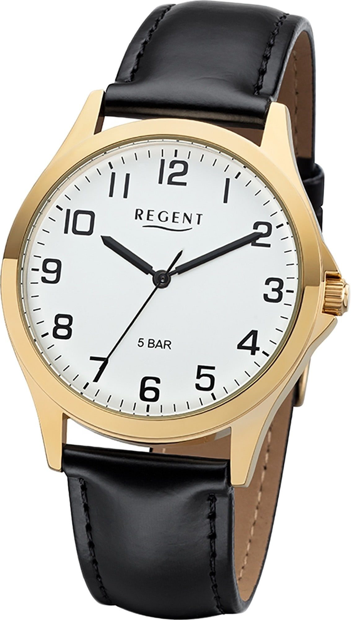 Regent Quarzuhr Regent Leder Herren Uhr 1103482 Analog, Herrenuhr Lederarmband schwarz, rundes Gehäuse, mittel (ca. 39mm)
