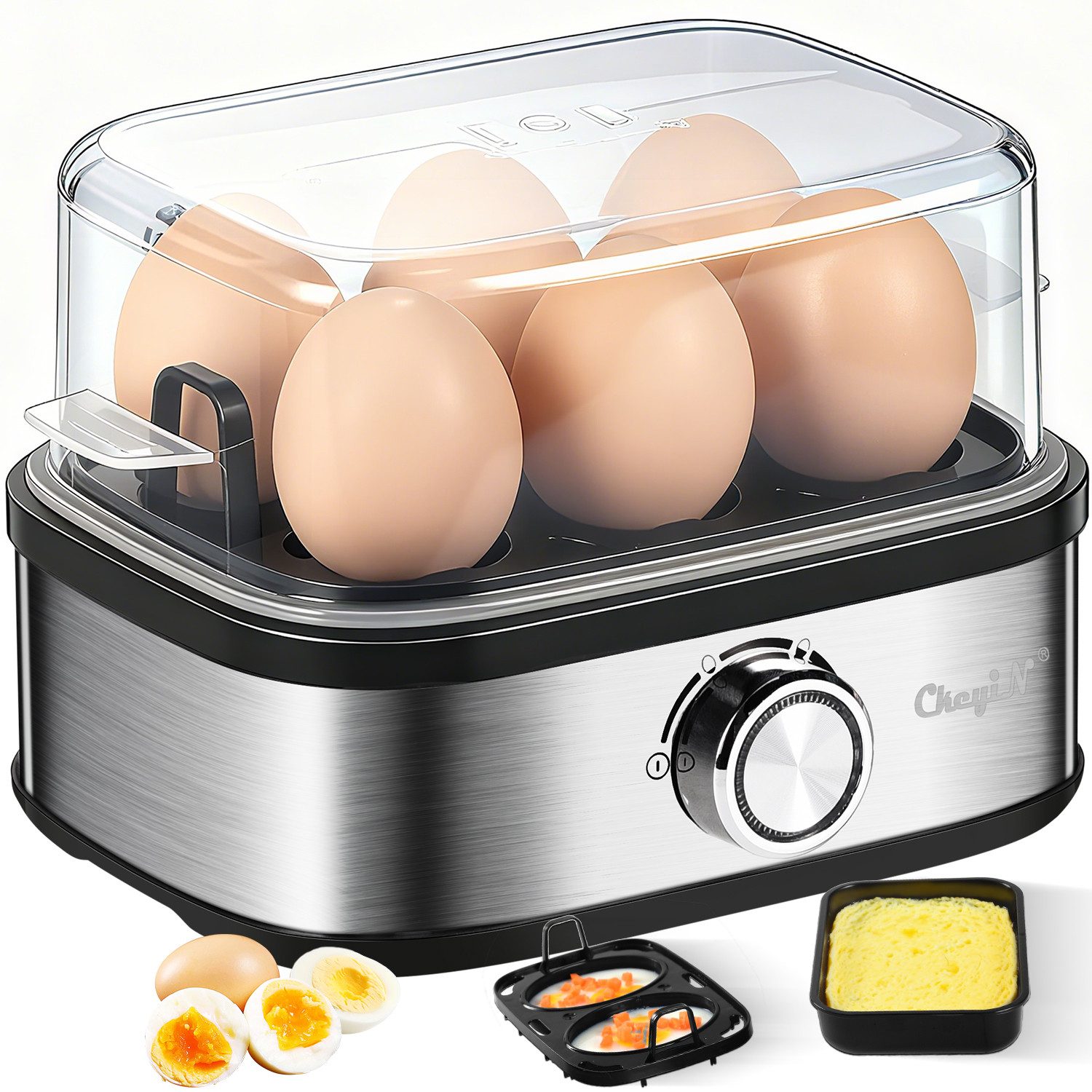 CkeyiN Eierkocher für 6 Eier mit Härtegradeinstellung, Timer, Überhitzungsschutz, Anzahl Eier: 6 St., 210 W, mit Messbecher und Eierspieß, für Frühstückseier von weich bis hart