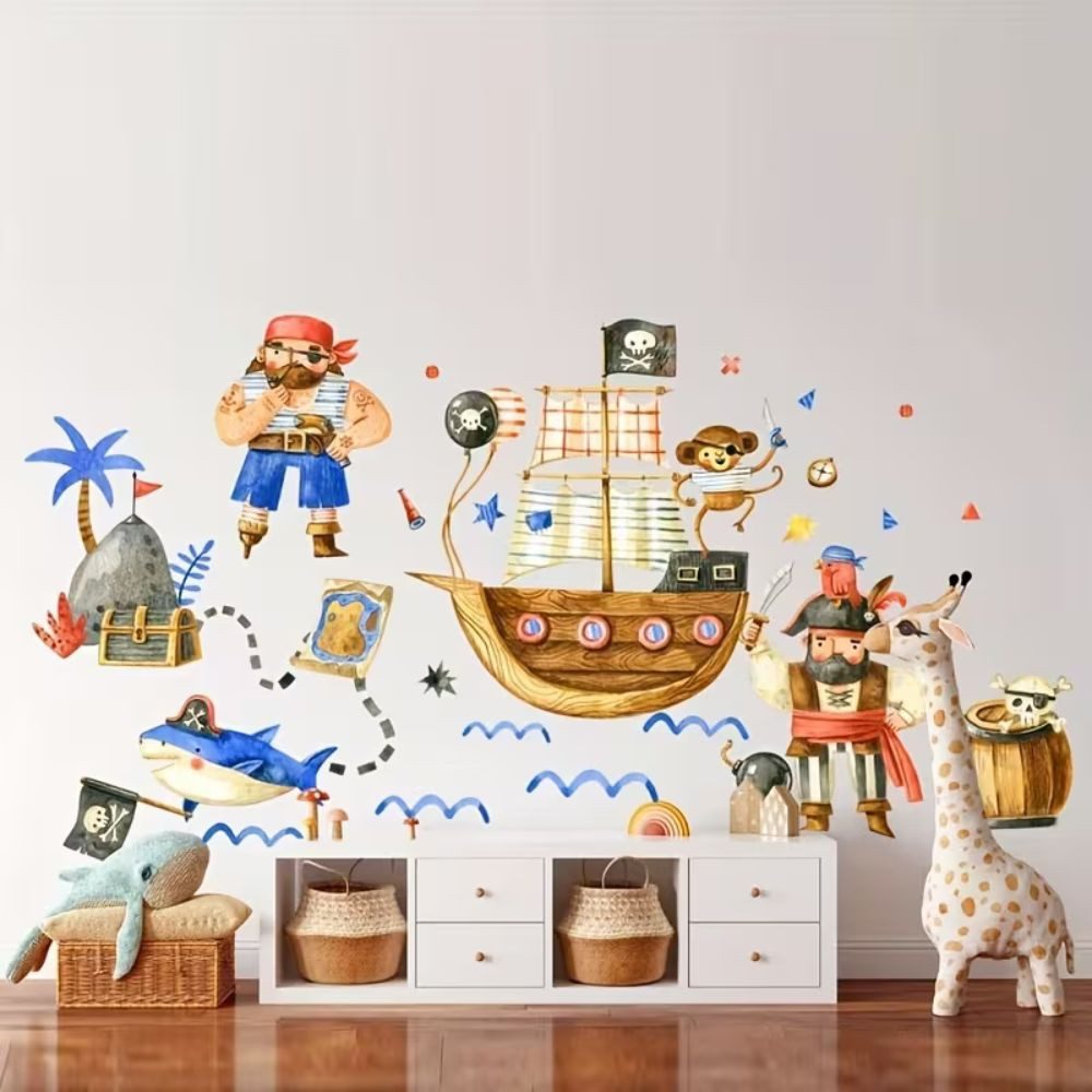 Montegoni Wandsticker Piraten Wandsticker Kinderzimmer Piratenschiff Hai Schatzkarte Deko (Mehrteiliges Wandtattoo Set, Piratenschiff Wandsticker Kinder Set), Selbstklebend, farbenfroh Piraten Design, Leicht Anzubringen