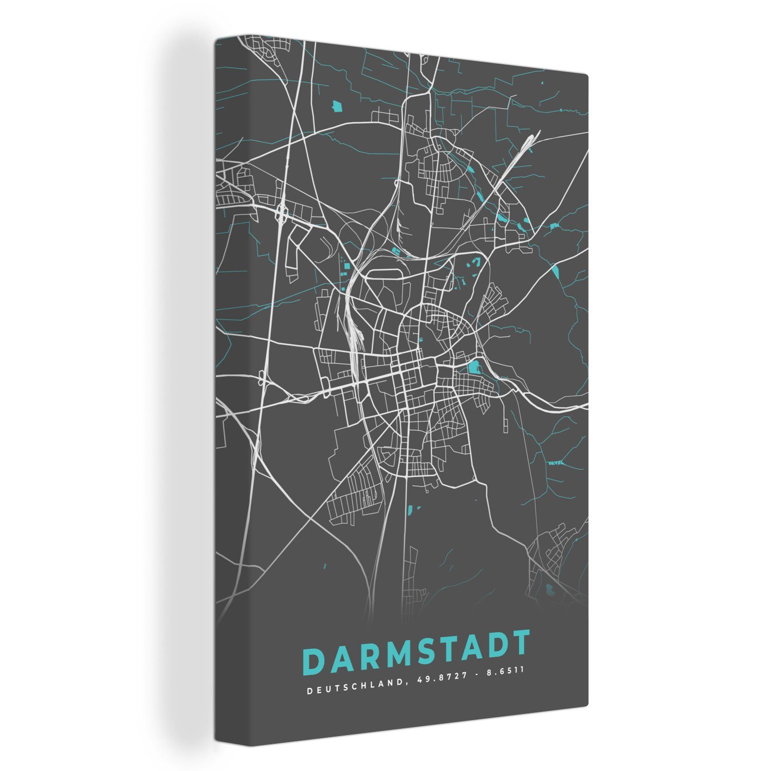 OneMillionCanvasses® Leinwandbild Darmstadt - Stadtplan - Blau - Karte - Deutschland, (1 St), Leinwandbild fertig bespannt inkl. Zackenaufhänger, Gemälde, 20x30 cm