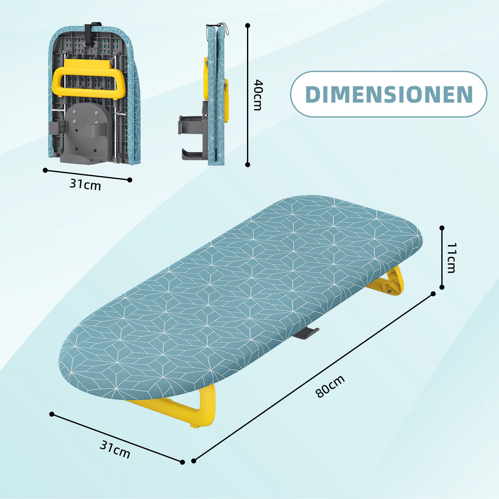 KINGRACK Bügelbrett Klappbares Tisch-Bügelbrett, kleines faltbares kompaktes Bügelbrett, Tragbar mit Bügeleisenhalter & Aufhängeseil, Maße 31 x 80 cm