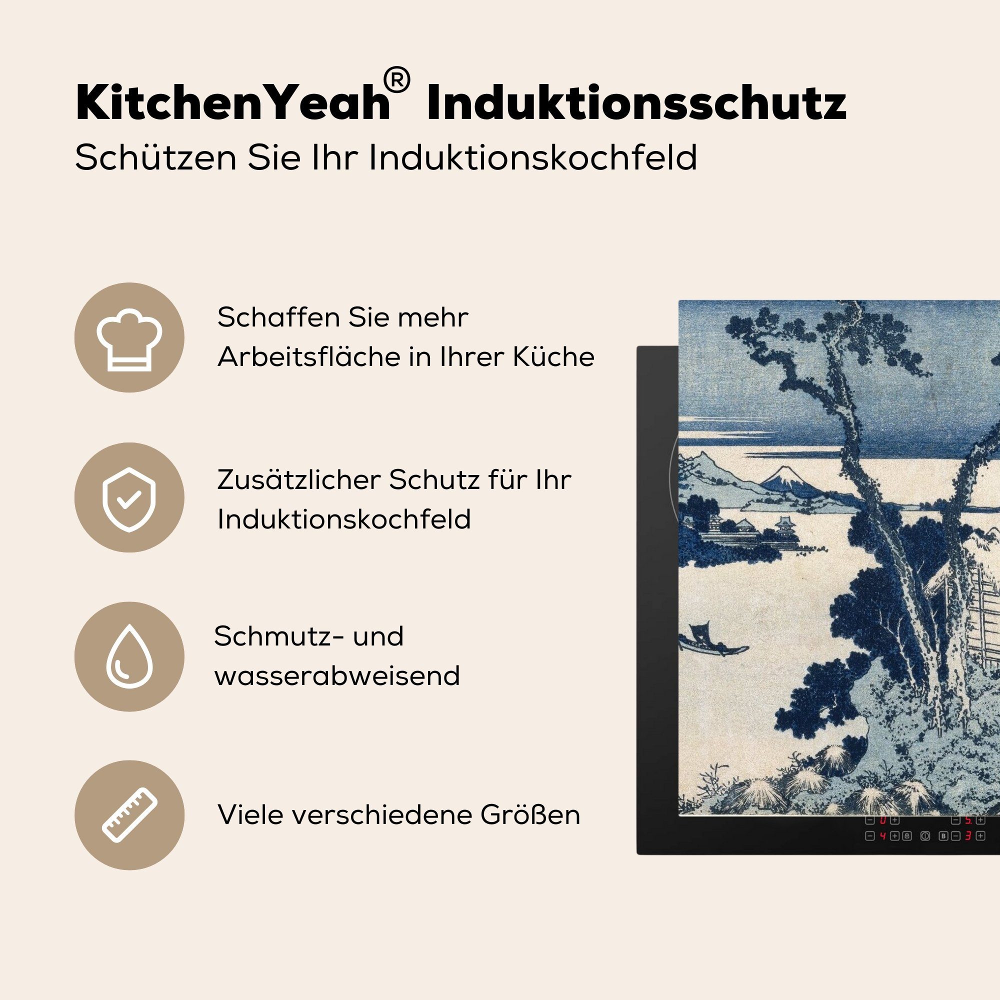 - Katsushika Gemälde MuchoWow Ceranfeldabdeckung, Vinyl, Herdblende-/Abdeckplatte Arbeitsplatte (1 78x78 Berg küche cm, den Fuji für von tlg), Hokusai, auf Blick