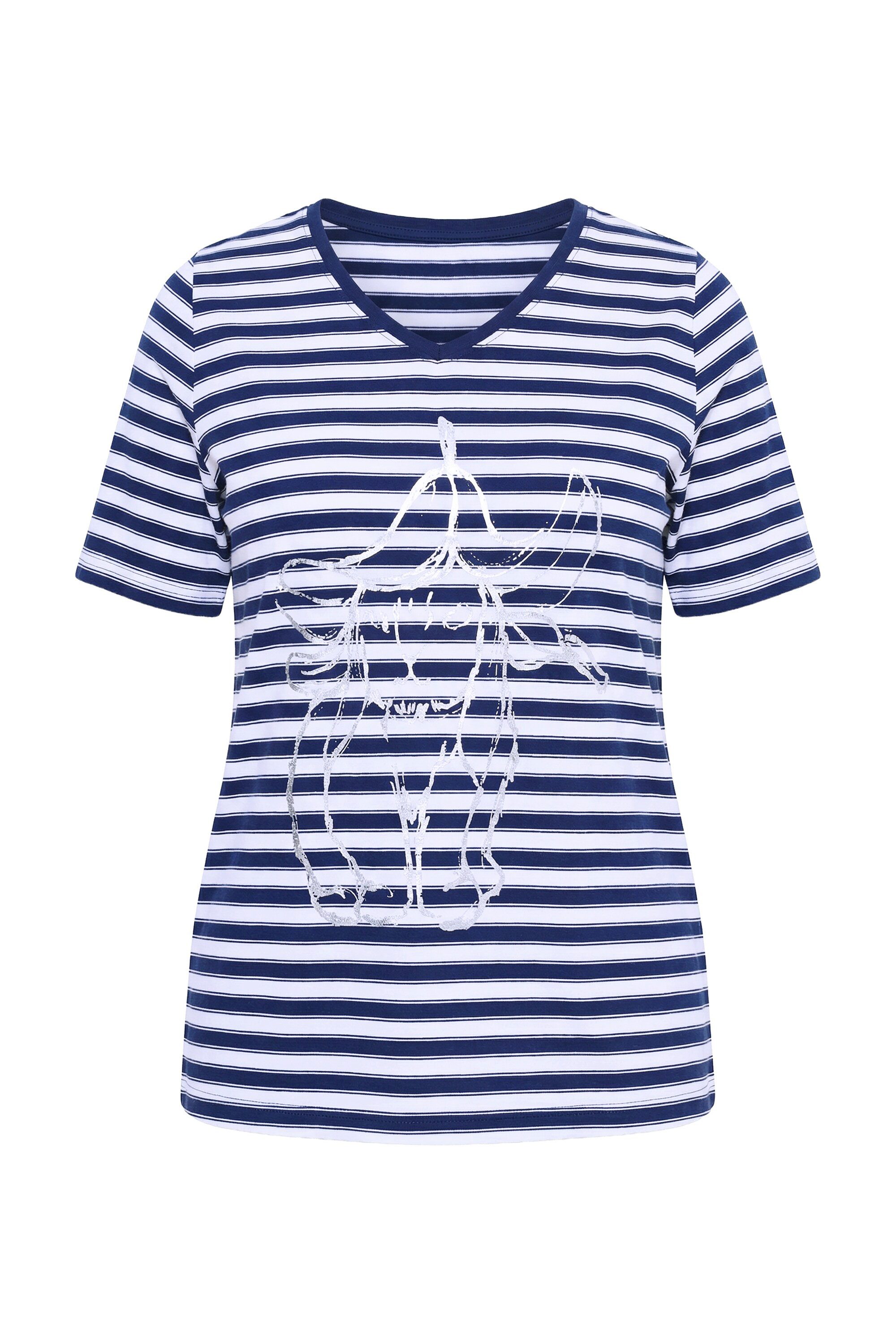 Ulla Popken T-Shirt Shirt Ringel Metallic-Motiv V-Ausschnitt Halbarm