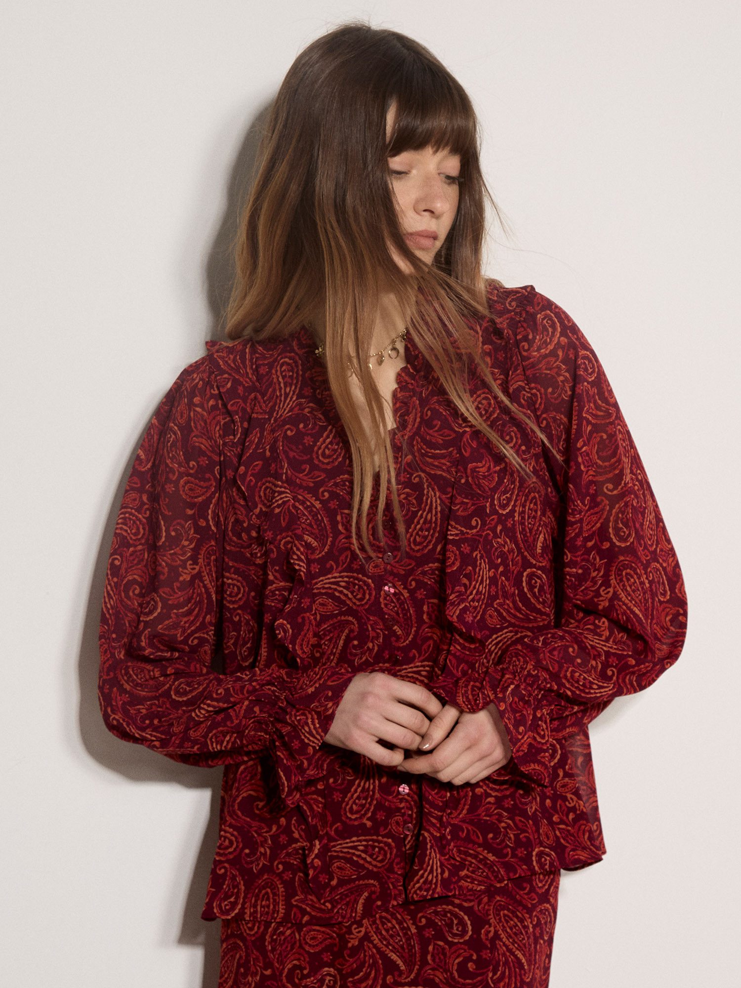 Apricot Rüschenbluse Chiffonbluse mit Paisleydruck