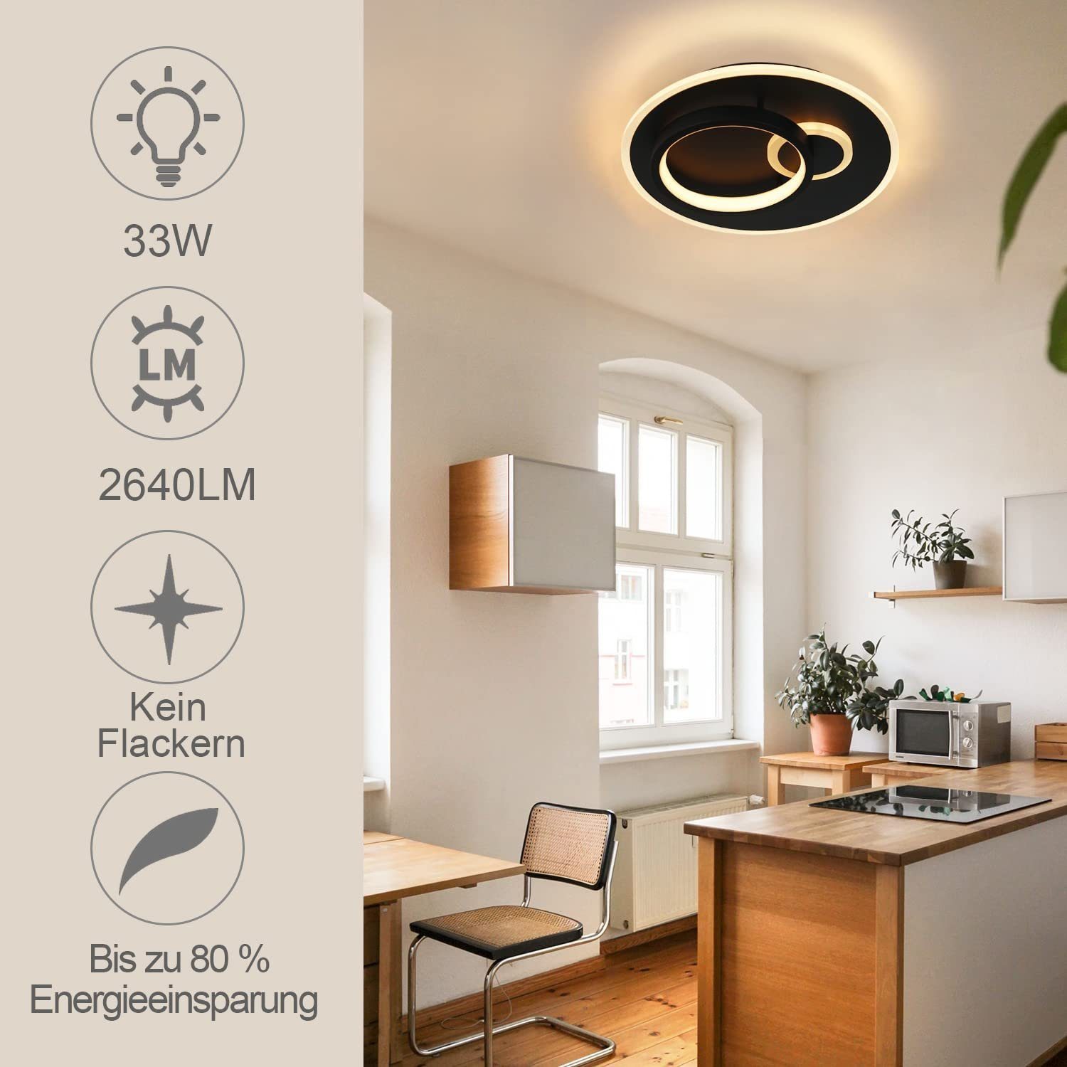 ZMH LED Deckenleuchte mit 33W, schwarz Modern LED Fernbedienung Tageslichtweiß, fest integriert, Wohnzimmerlampe, Design