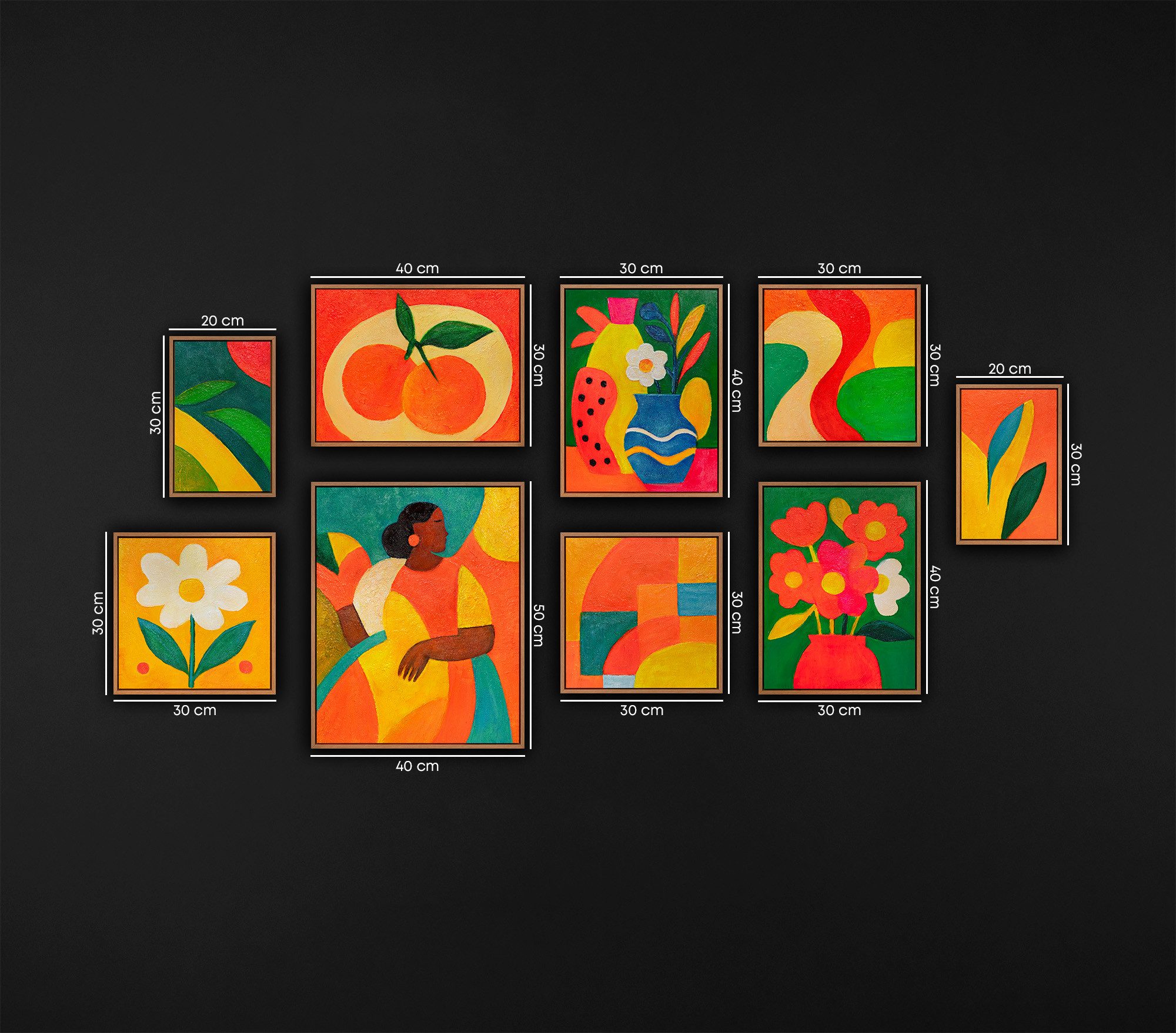 YS-Art Gemälde "Sommerliche Inspiration", Stillleben (Set, 9 St), Farbenfrohes Bilder Set für Wohnzimmer im modernen Kunststil