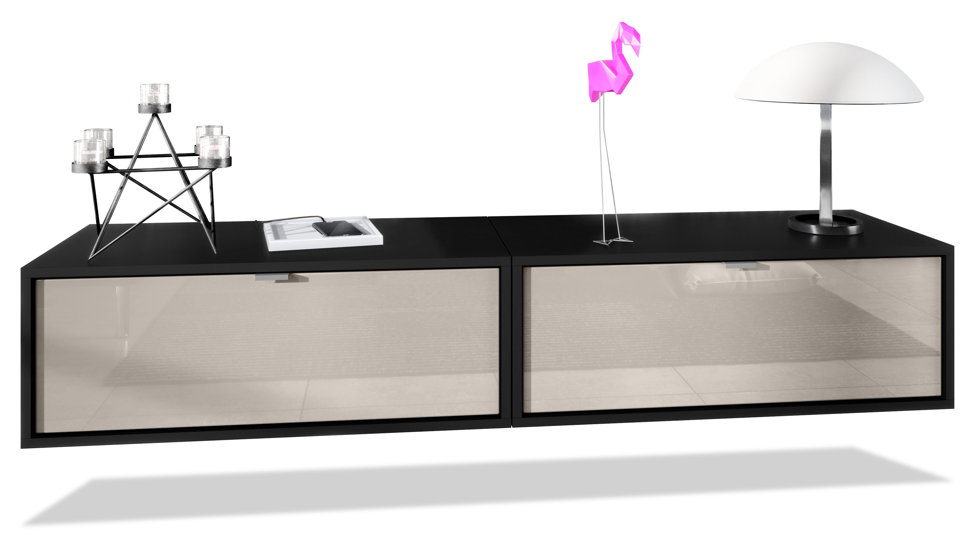 Vladon Lowboard Lana 800 (2er-Set Tv-Kommode, mit Klappe), Schwarz matt/Sandgrau Hochglanz (80 x 29 x 37 cm)