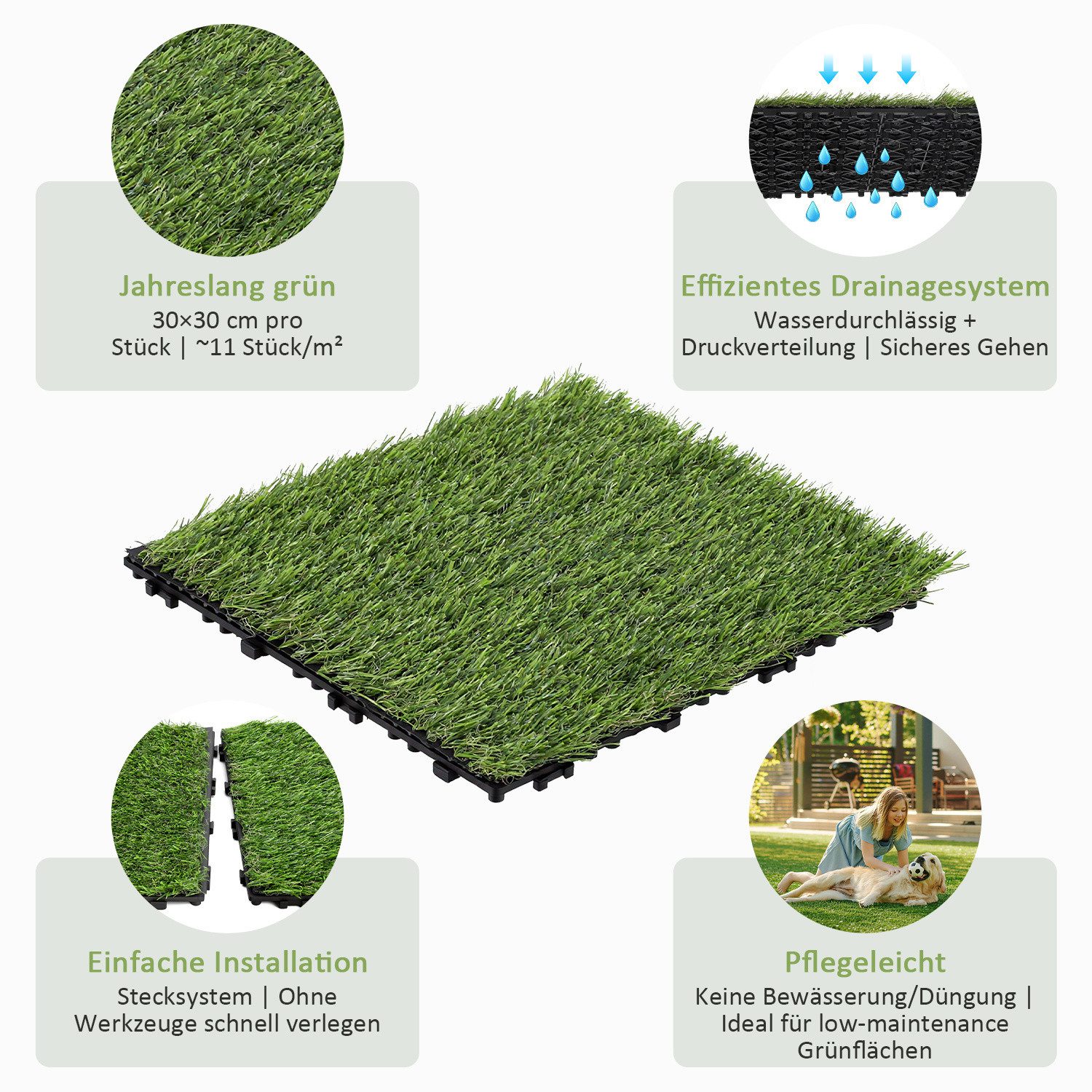 Clanmacy Kunstrasen Kunstrasen Terrassenfliesen 110x 30x30cm 10m² Drainage-Klicksystem