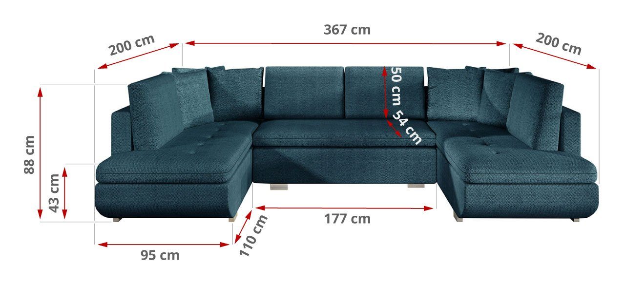 MKS MÖBEL Ecksofa TARGEN für U, gesteppter Malmo modernen Wohnzimmer, Stil Dunkelgrau im Sitzfläche | Türkis Malmo das