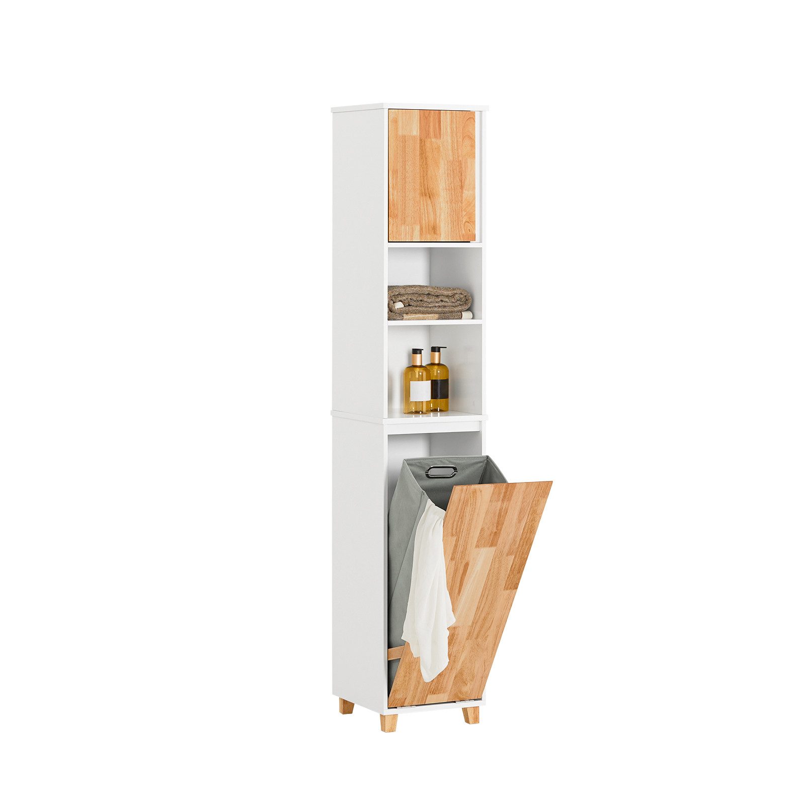 SoBuy Hochschrank BZR74, Badkommode Badezimmerschrank Badezimmermöbel Beistellschrank mit ausklappbarem Wäschesack Badschrank Badregal Wäscheschrank