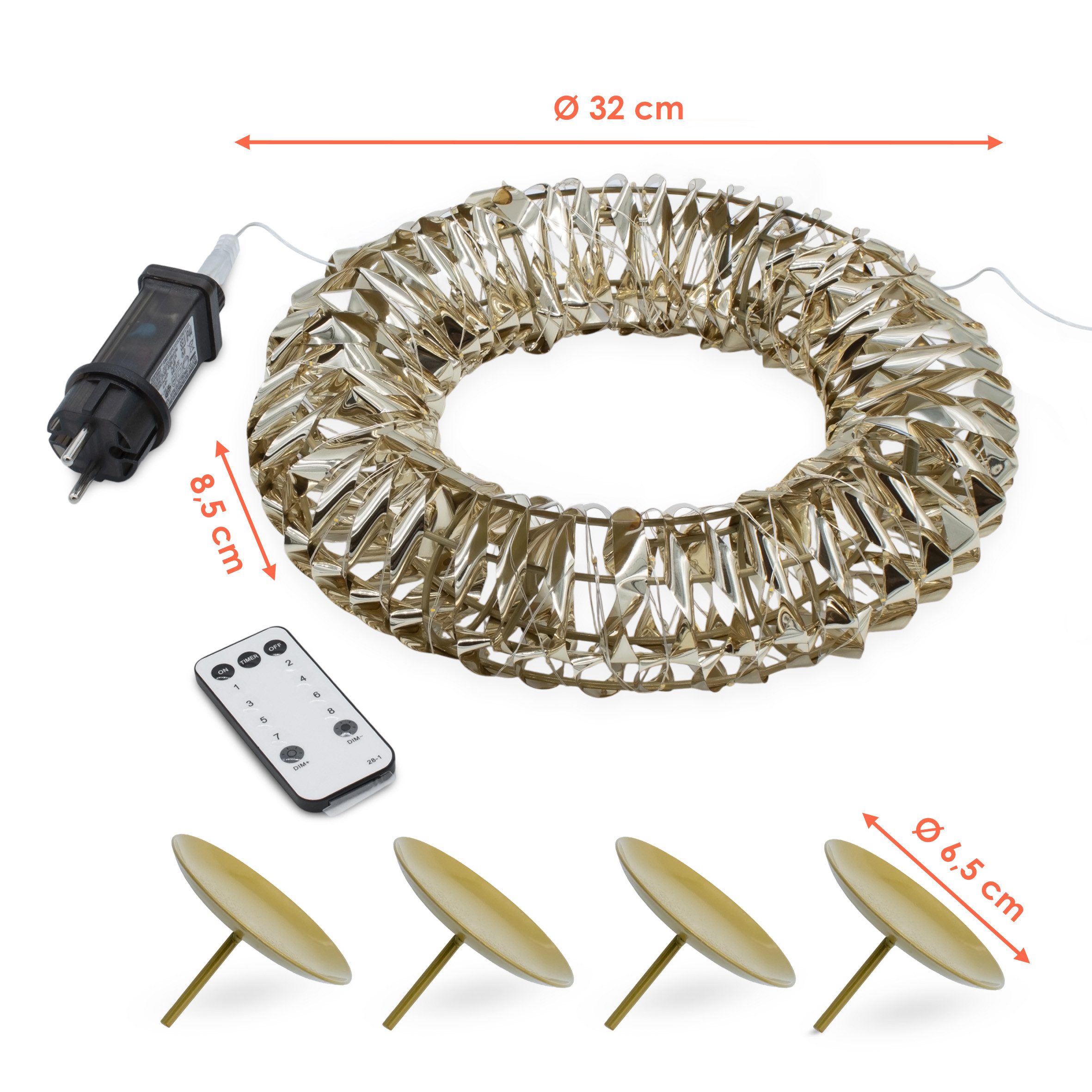 Spetebo Adventskranz gold 250 LED mit Timer und Fernbedienung - 32 cm -mit 4 Kerzenhaltern, mit 8 Funktionen