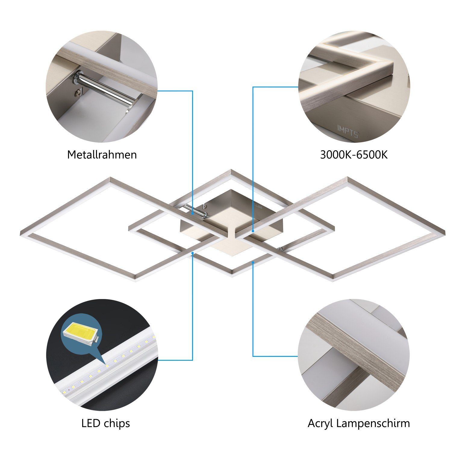 Deckenlampe Kaltweiß, Neutralweiß, Mit für Warmweiß, Fernbedienung, Wohnzimmer IMPTS LED Deckenleuchte Schwenkbar Küche, Matt-nickel, Schlafzimmer Dimmbar,