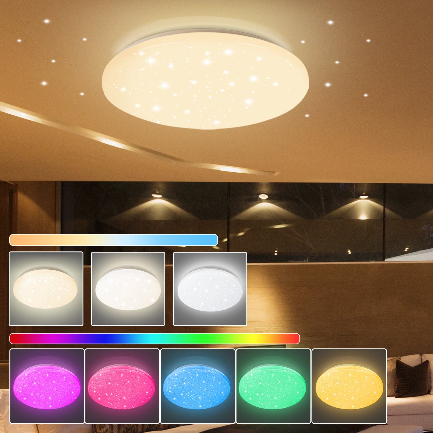 Bettizia LED Deckenleuchte 24W Deckenleuchte Sternenhimmel Tageslicht  Design Keller Flurlampe RGB