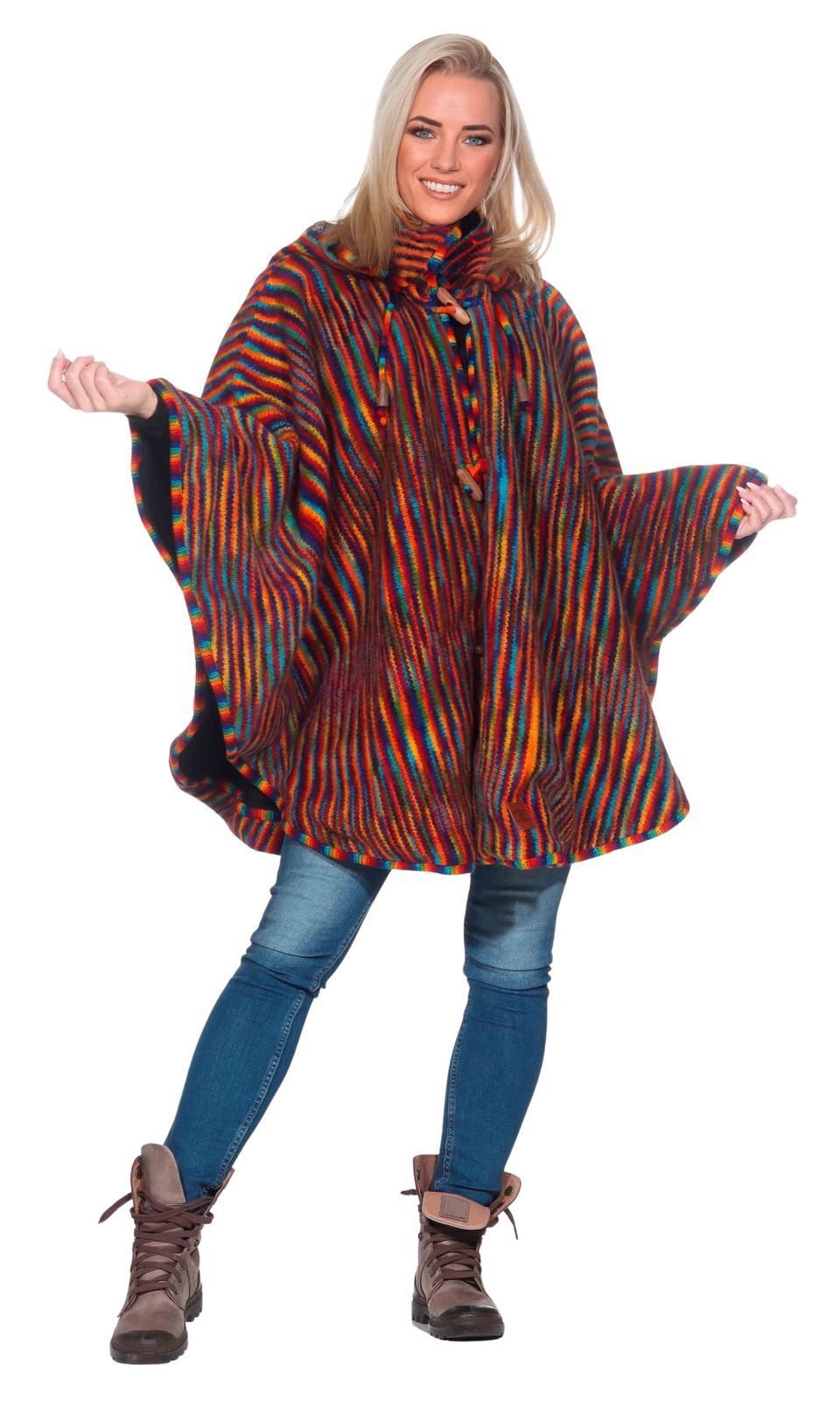 KUNST UND MAGIE Strickcape Strick Poncho+Zipfelkapuze Umhang Cape Jacke Winter Mantel Regenbogen
